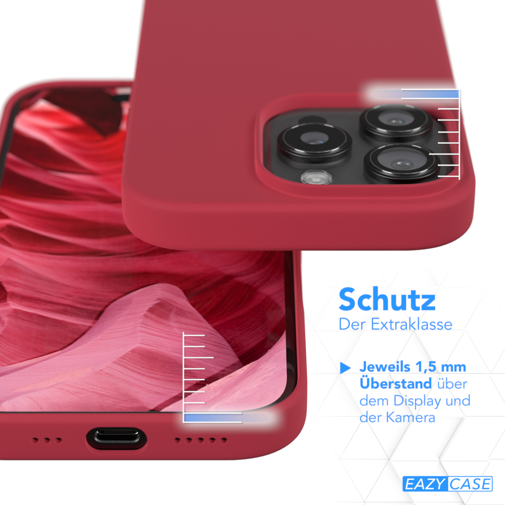 Eine Handyhülle mit dem Telefon darin. Die Hülle ist rot, und es gibt Nahaufnahmen.