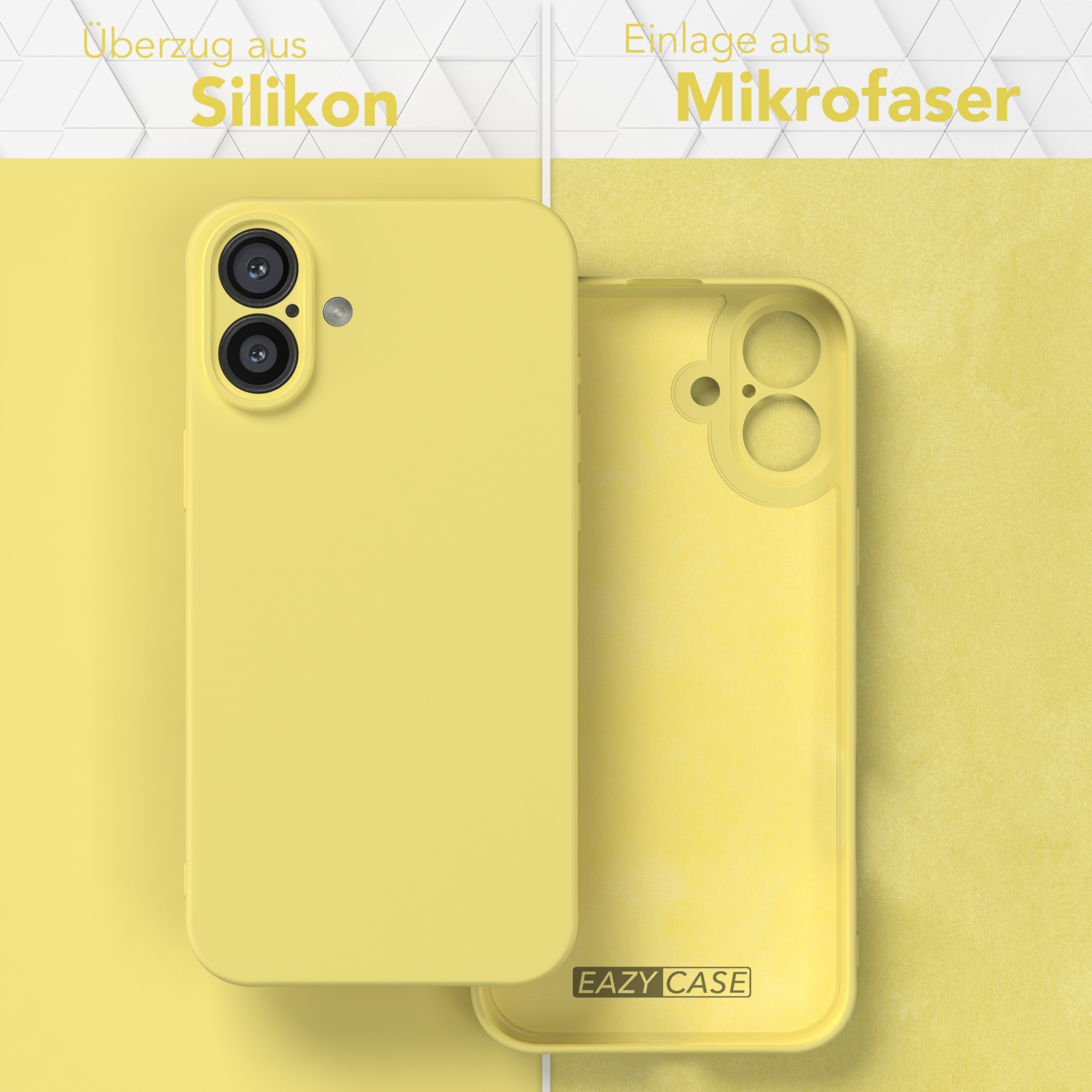 Gelbe Handyhülle mit Silikon- und Mikrofaser-Schichten.