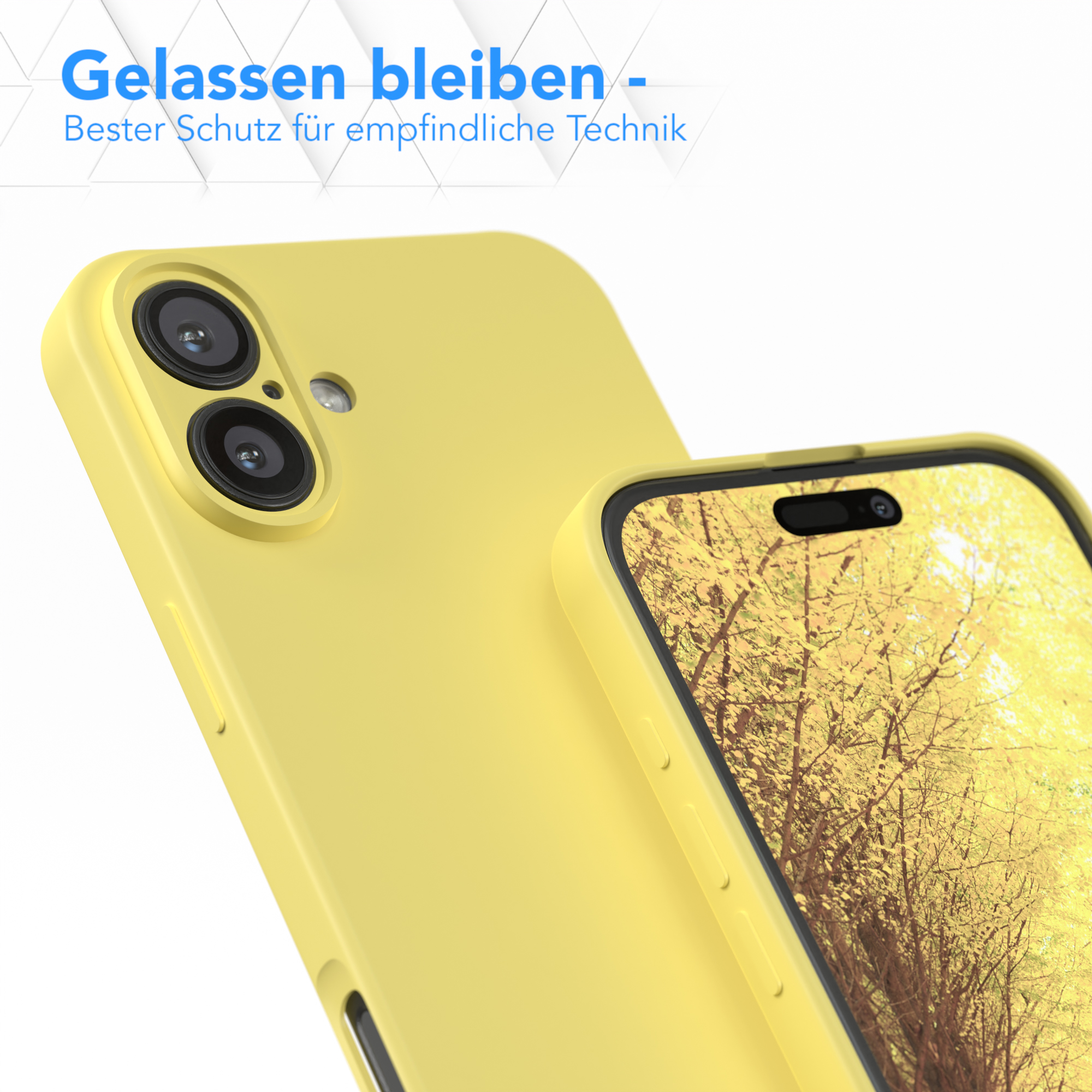 Eine Handyhülle mit einem Telefon. Das Telefon zeigt einen gelben Hintergrund. Nahaufnahme.