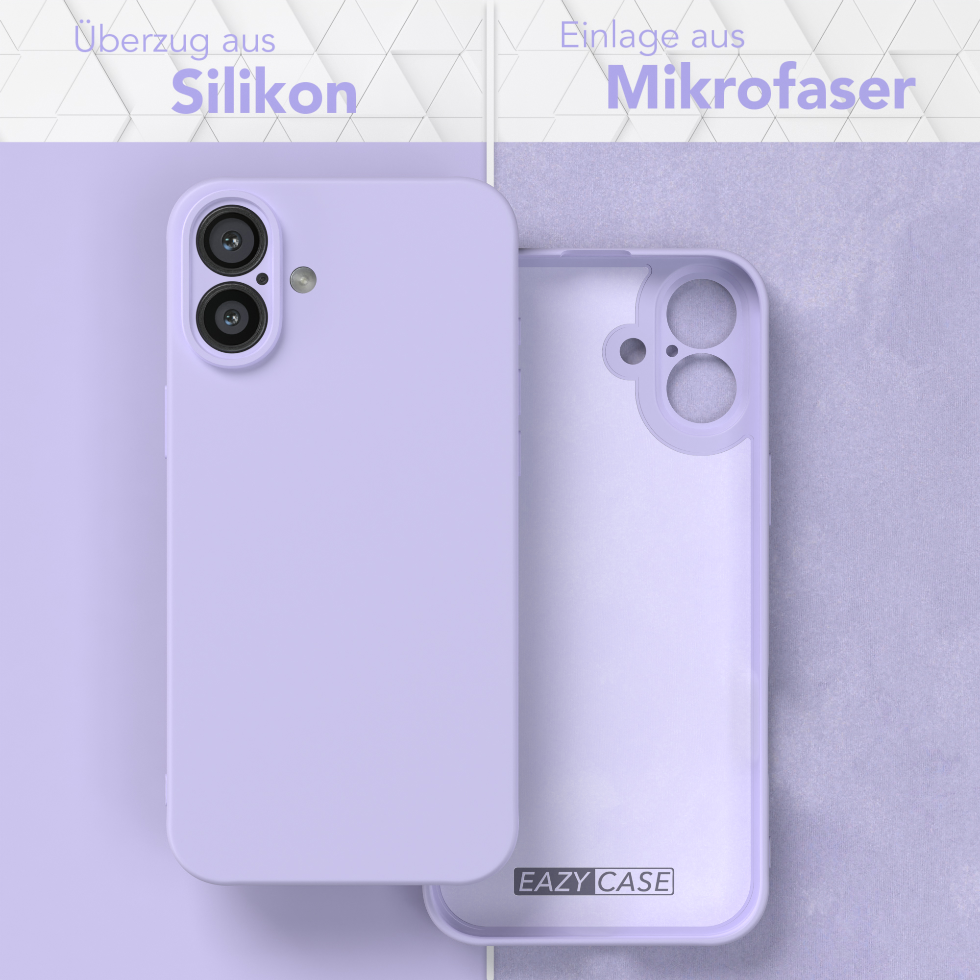 Zwei lila Handyhüllen, eine montiert, eine demontiert, zeigen Silikonhülle und Mikrofaserfutter.
