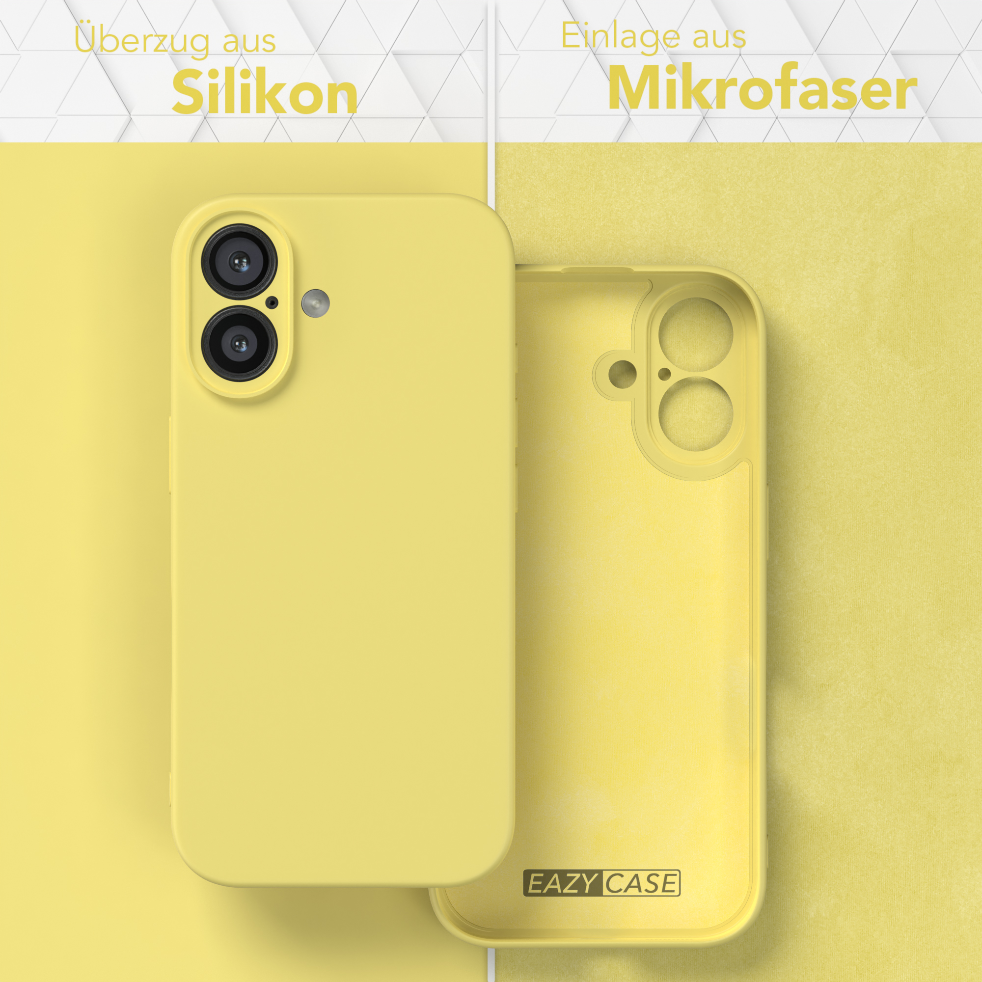 Gelbe Handyhülle, vorne und hinten, und Text über Silikon- und Mikrofaser-Materialien.