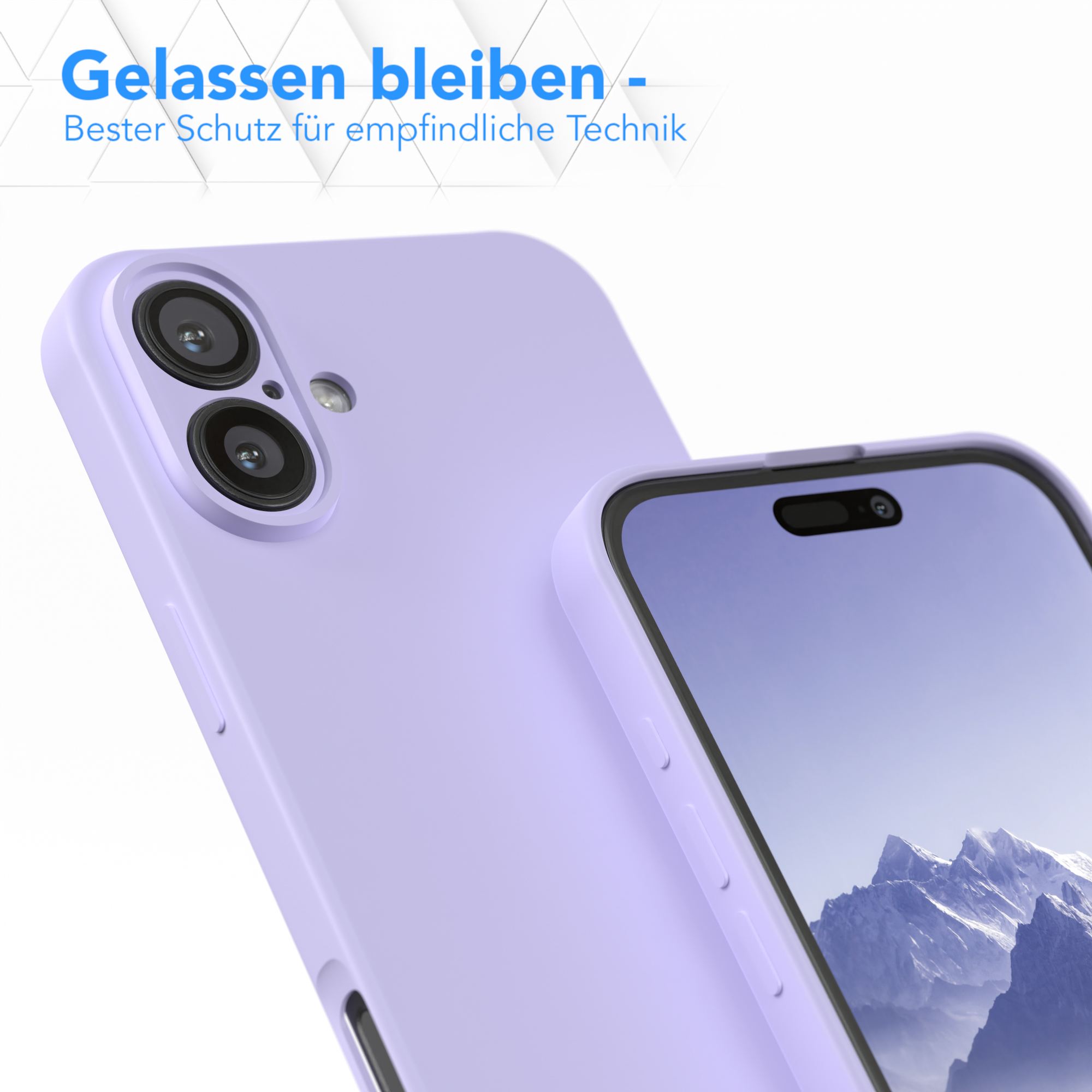 Lila Handyhülle mit Telefon. Weißer Hintergrund.