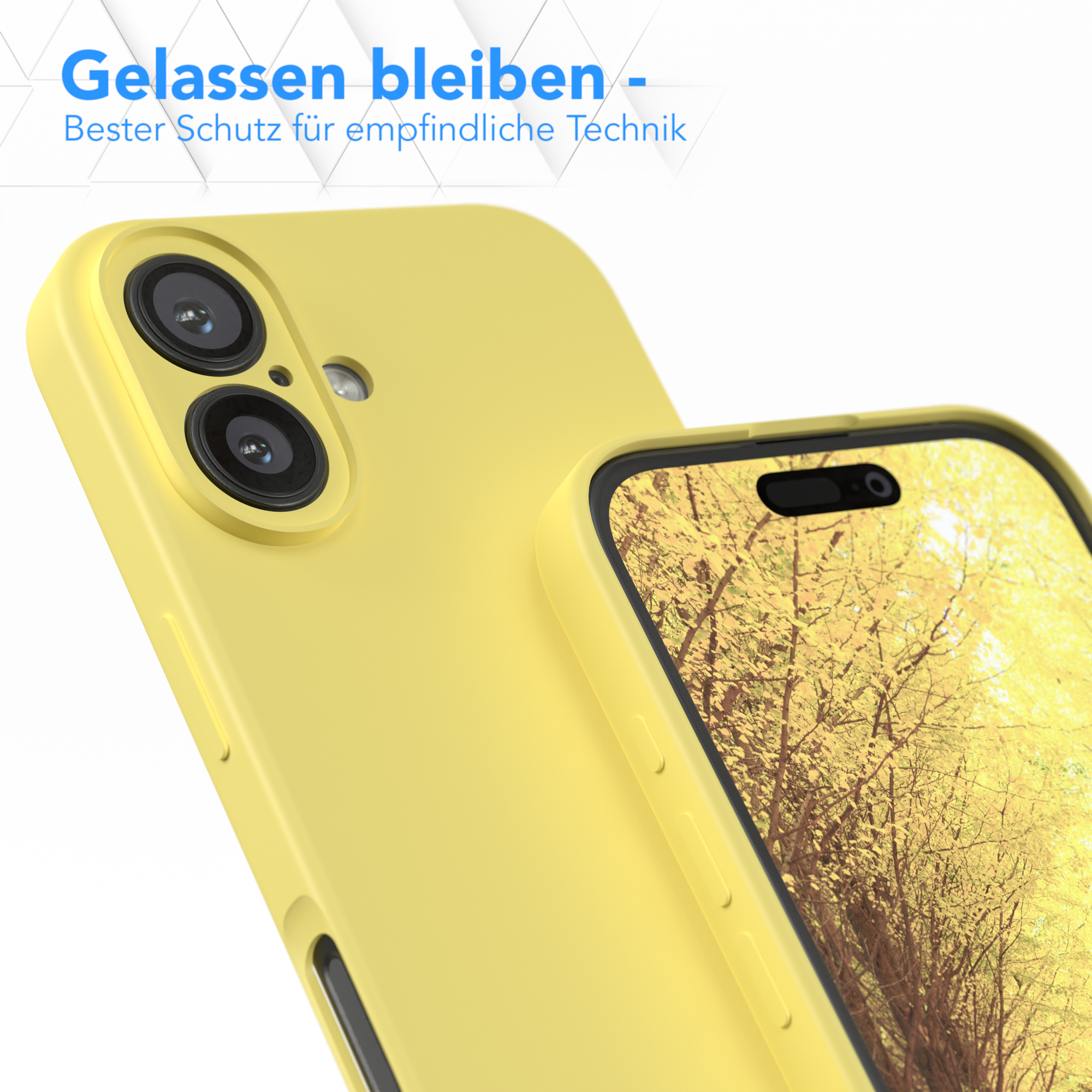 Eine gelbe Handyhülle, die ein Telefon schützt, dessen Bildschirm eine herbstliche Szene zeigt.