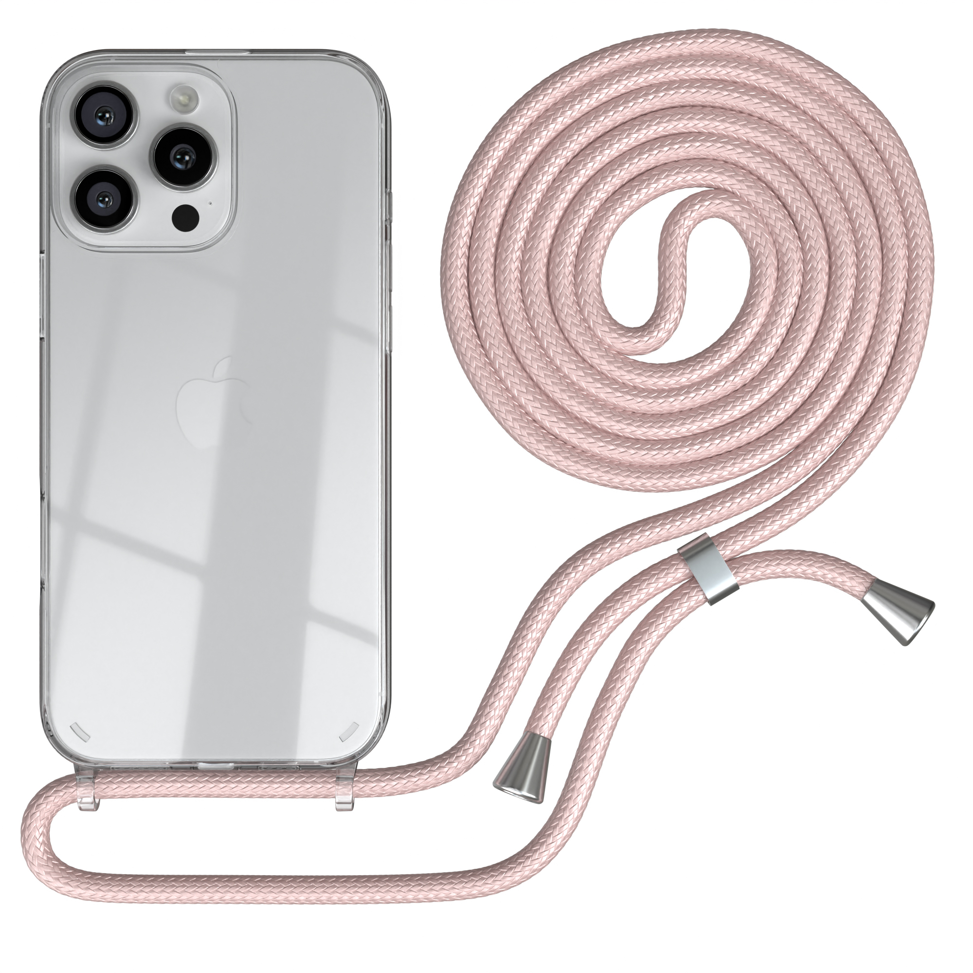 Eine transparente Handyhülle mit pinkfarbenem Kabel, befestigt an einem Telefon mit weißem Apple-Logo.