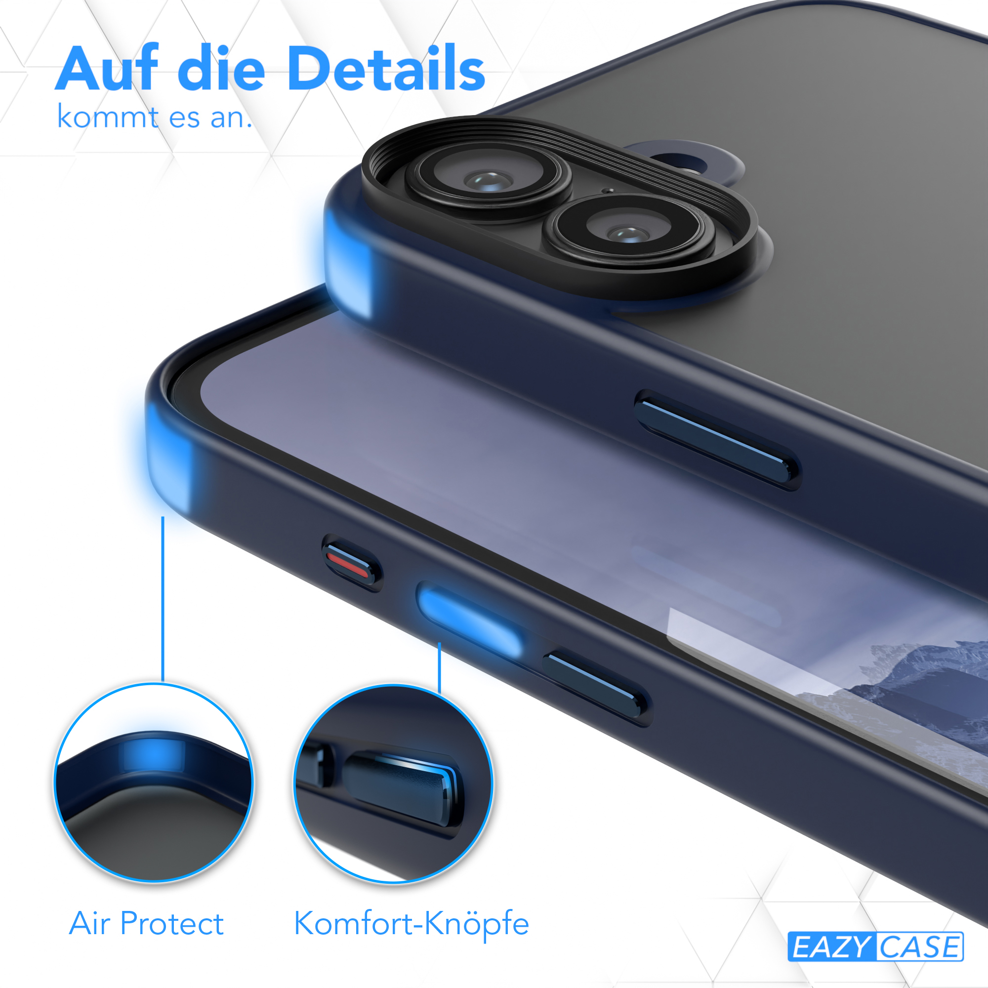 Nahaufnahme einer Handyhülle mit blauen Akzenten, die den Luftschutz und die Komforttasten hervorheben.