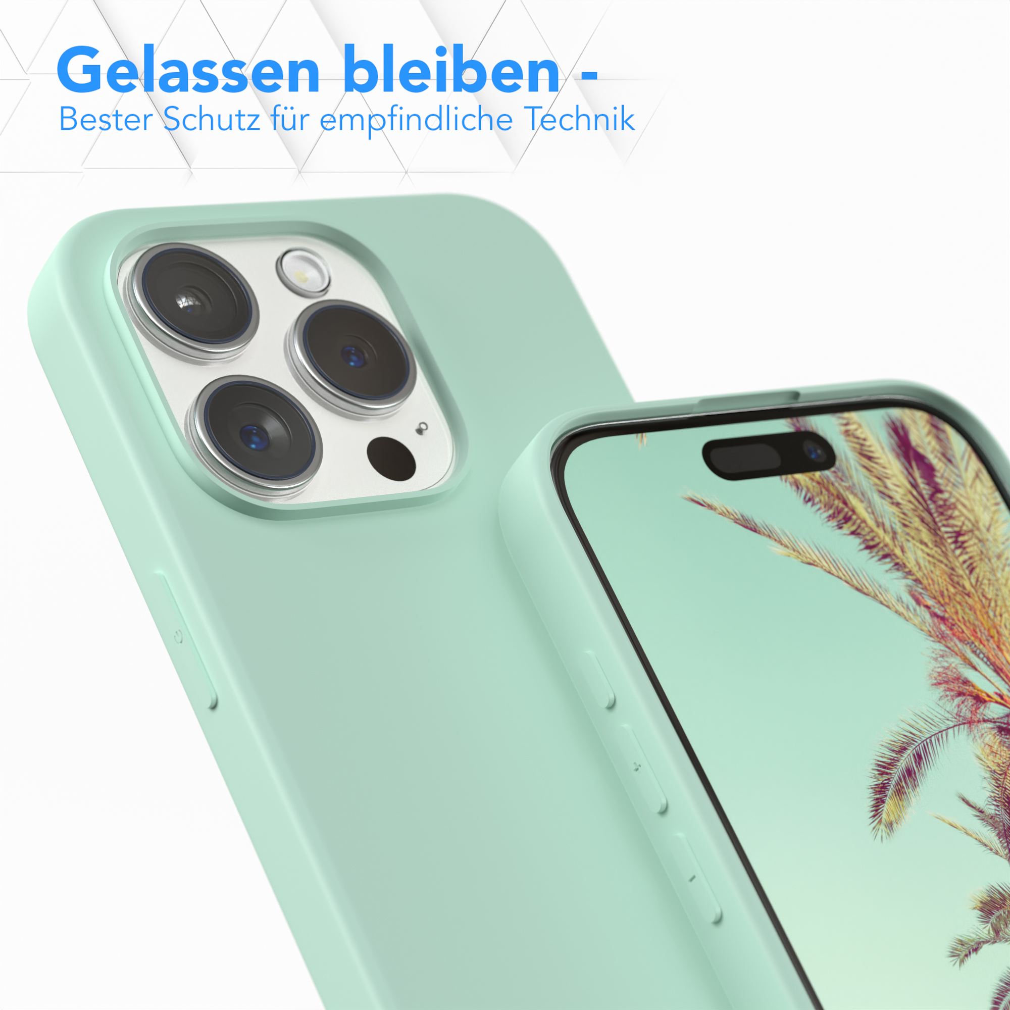 Nahaufnahme einer mintfarbenen Handyhülle, die die Kameraausschnitte und das Design zeigt.
