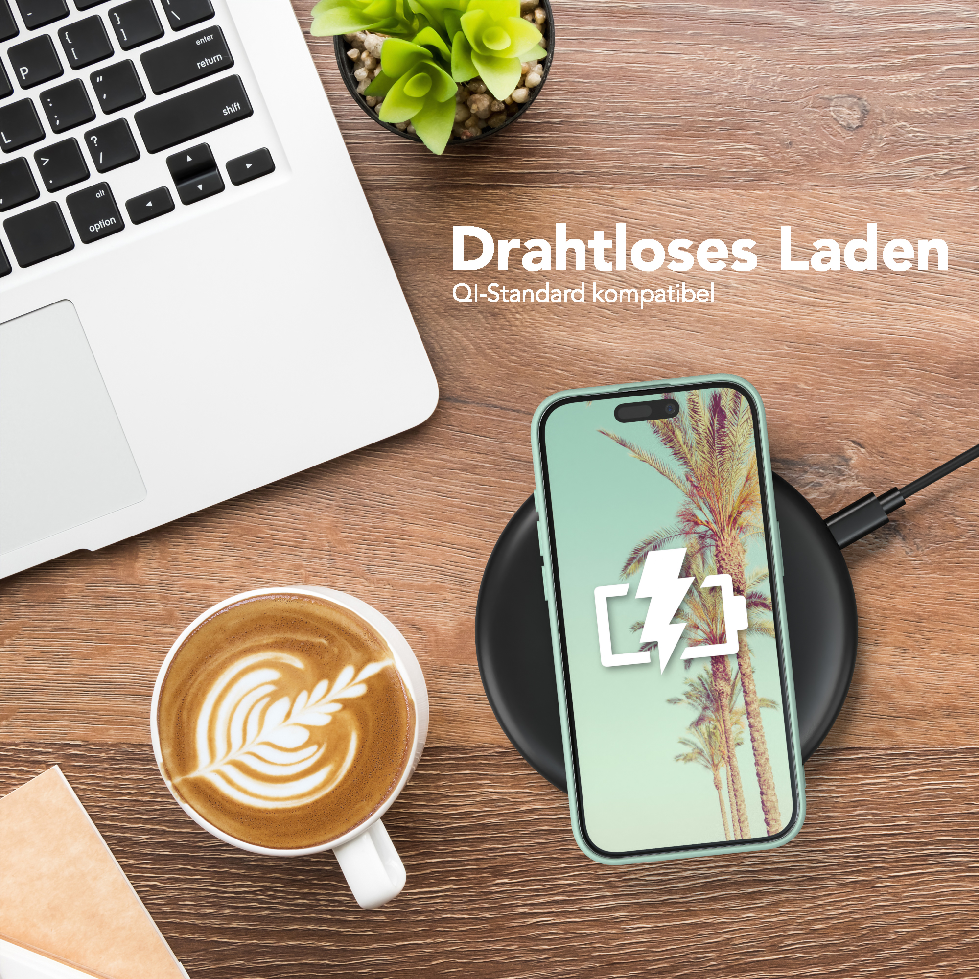 Laptop, Kaffee, Telefon-Ladepad mit Telefon, das Palmen zeigt. Text: 'Drahtloses Laden'.