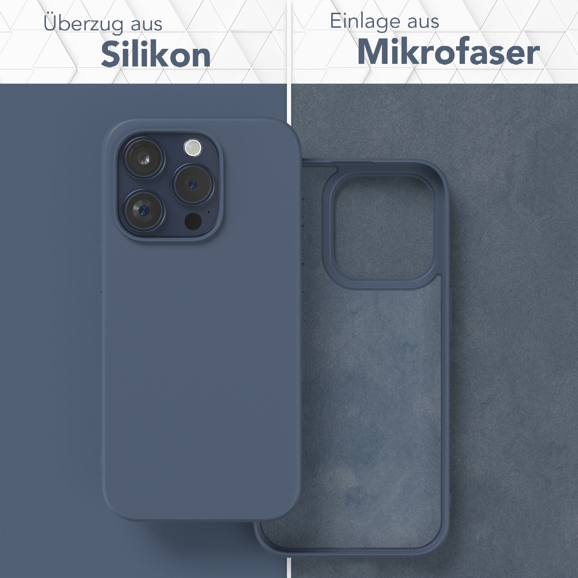 Zwei Handyhüllen, eine blaue und eine transparente, die ihre Innen- und Außenteile zeigen.