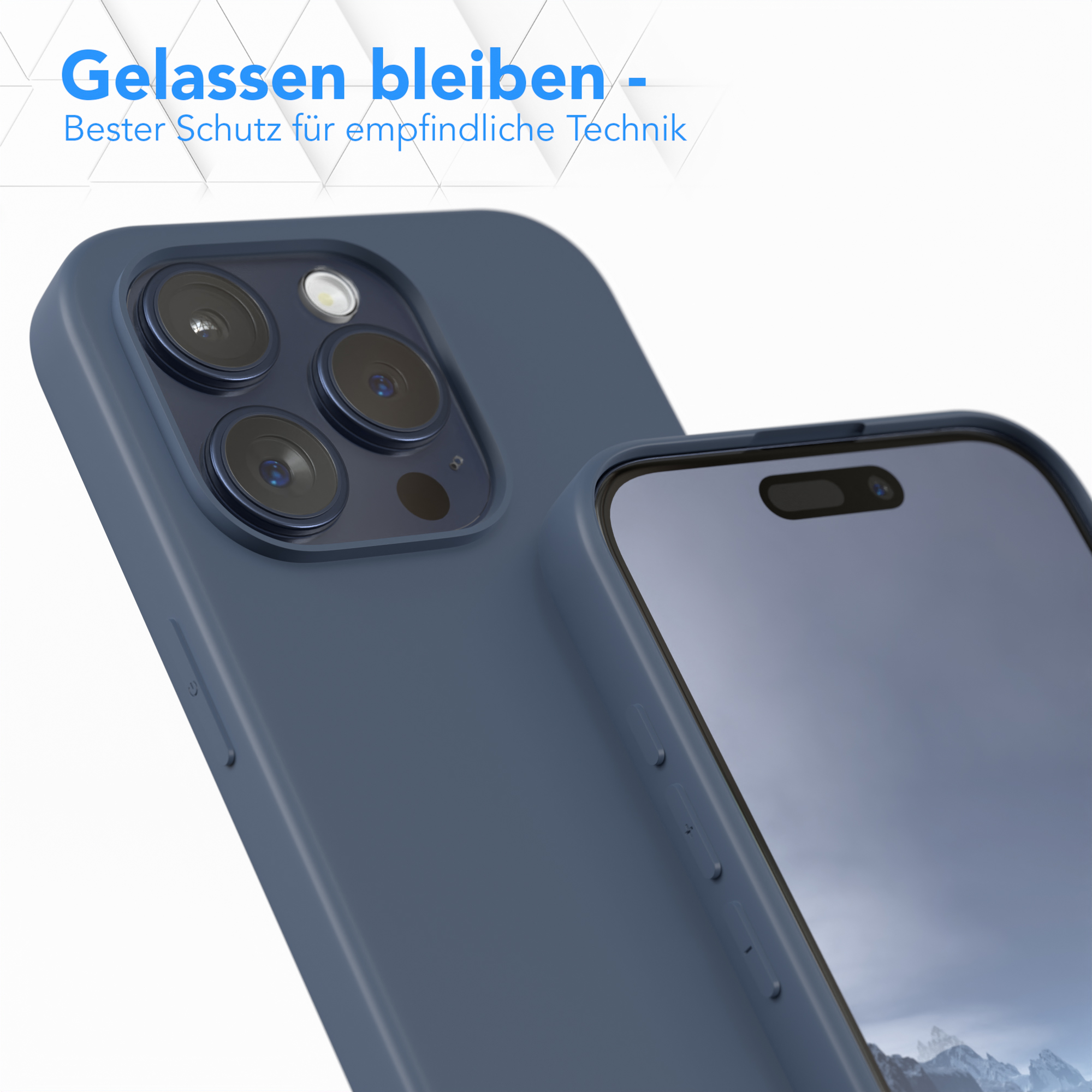 Dunkelblaue Handyhülle, Nahaufnahme. Zeigt Kamera und Seite des Telefons.