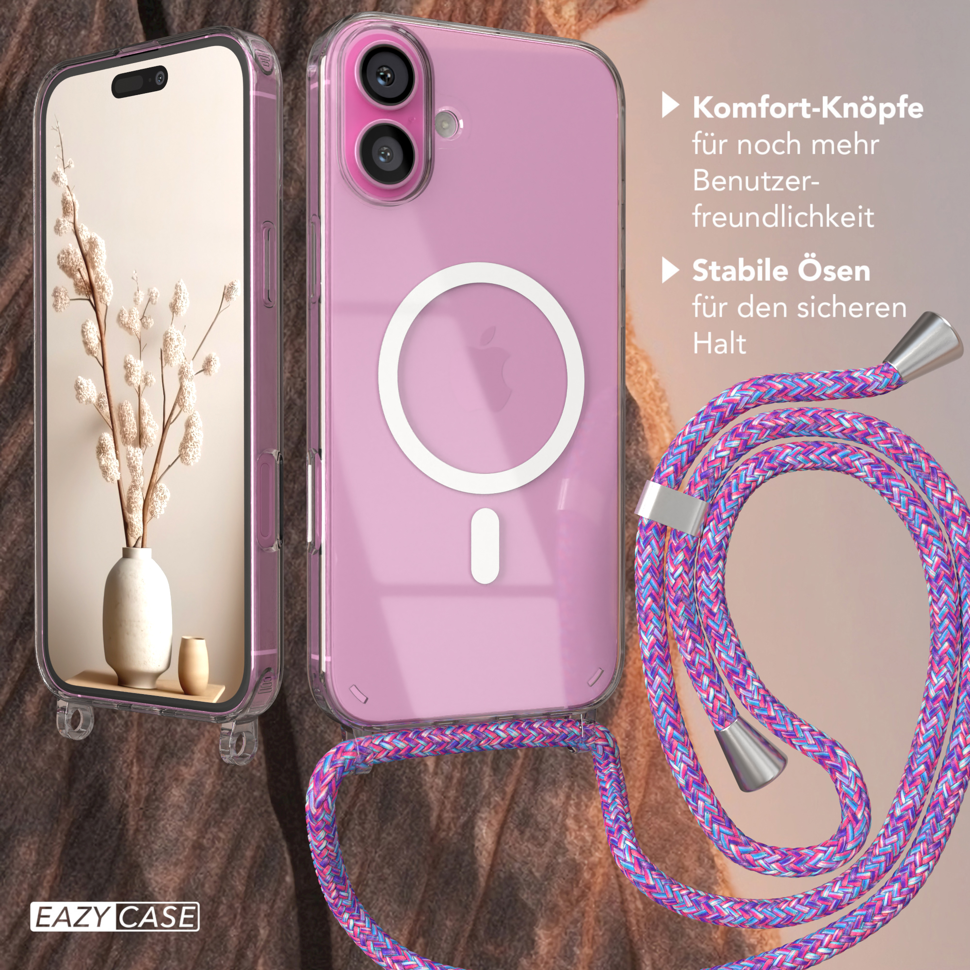 Eine transparente Handyhülle mit Riemen, neben einem pinken Handy mit Apple-Logo.
