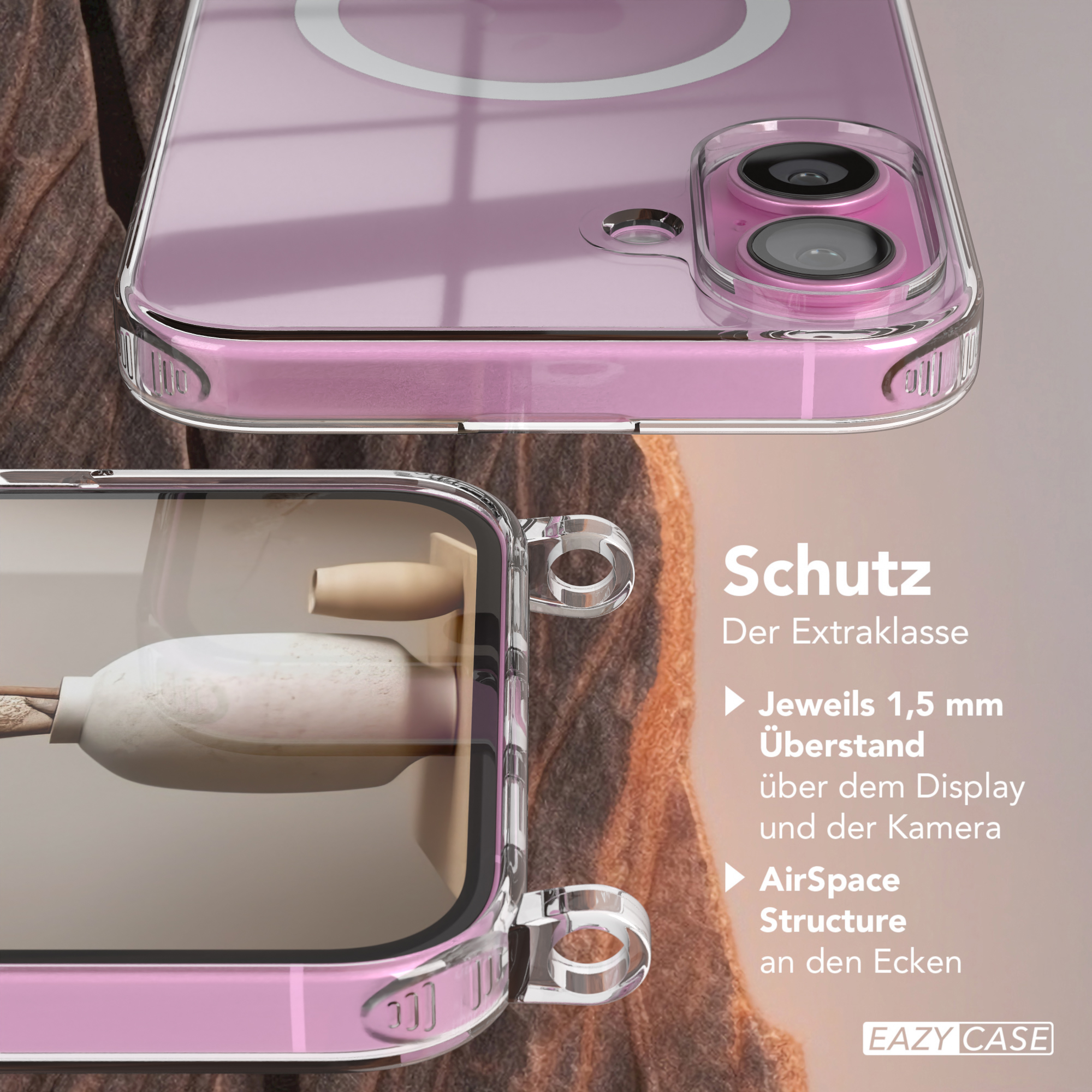 Rosa Handyhülle mit iPhone. Text: Schutz, AirSpace Struktur. EAZY CASE Logo.