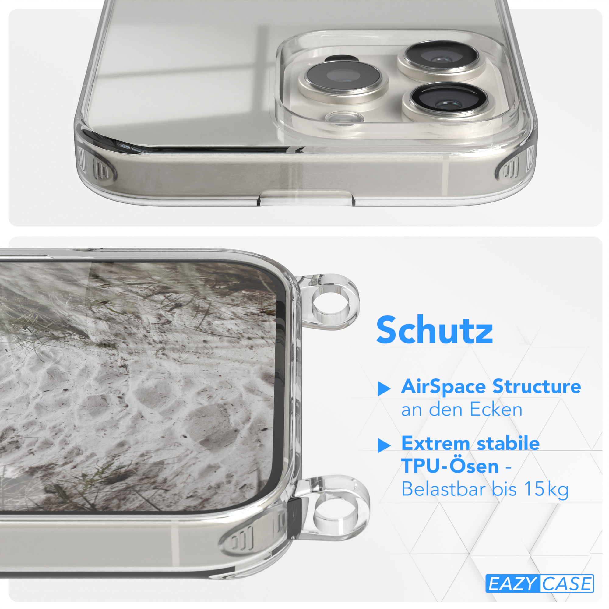 Nahaufnahme einer transparenten Handyhülle mit Strandsand-Textur, zeigt Kameraausschnitte und Seitentasten.