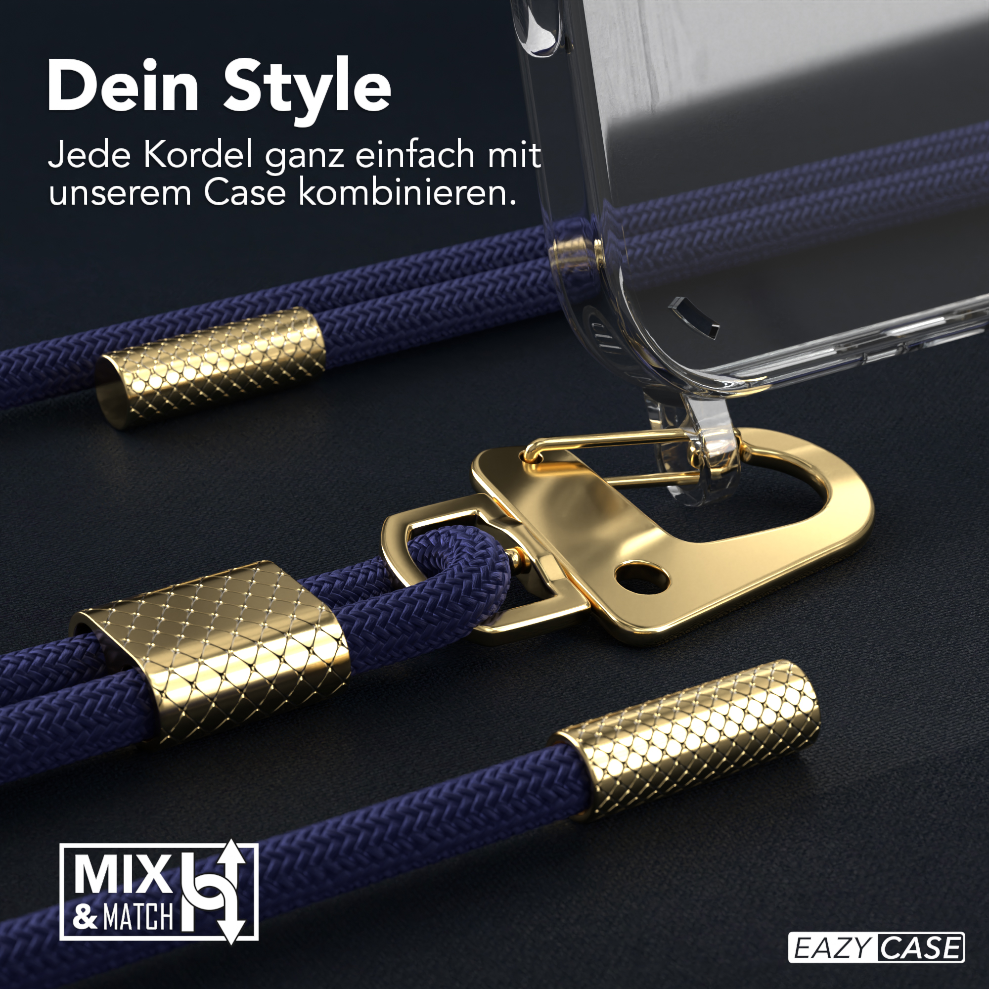 Nahaufnahme von marineblauem geflochtenem Kabel und transparenter Handyhülle. Goldene Details, MXL & MATCH, EAZY CASE.