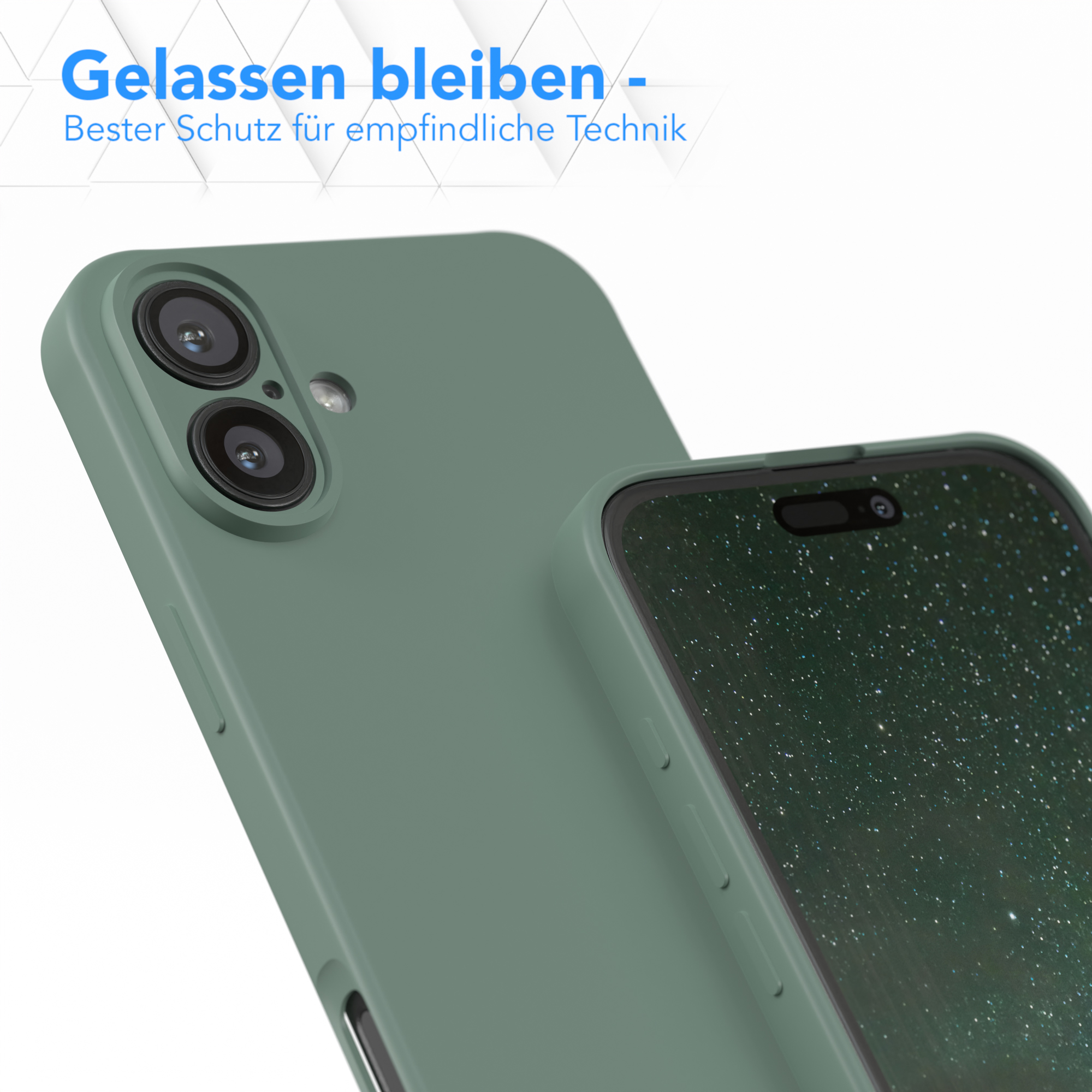 Eine Handyhülle auf grüner Oberfläche. Es ist auf dem Telefon, Seitenansicht.