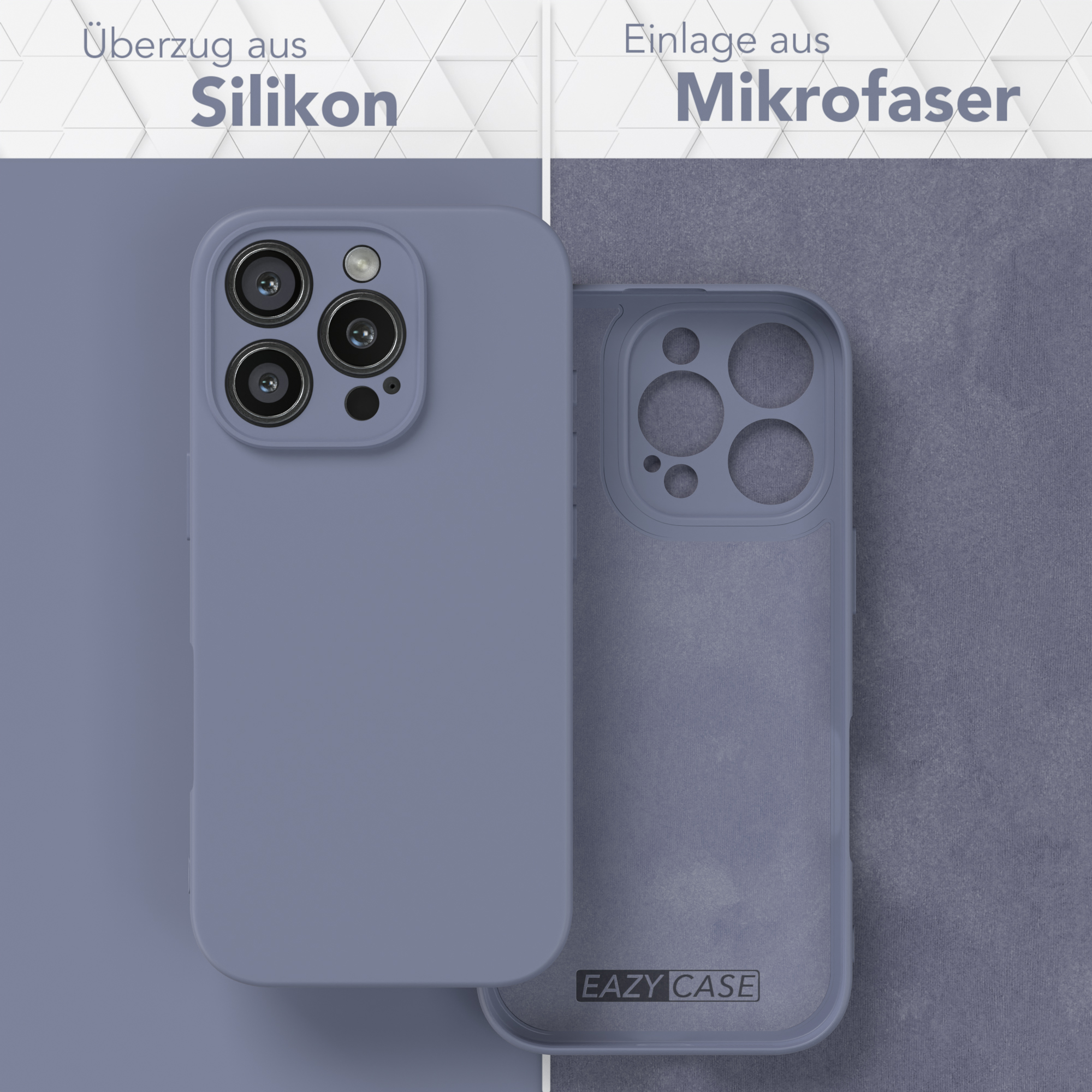 Zwei Handyhüllen nebeneinander. Eine ist blau, die andere transparent.
