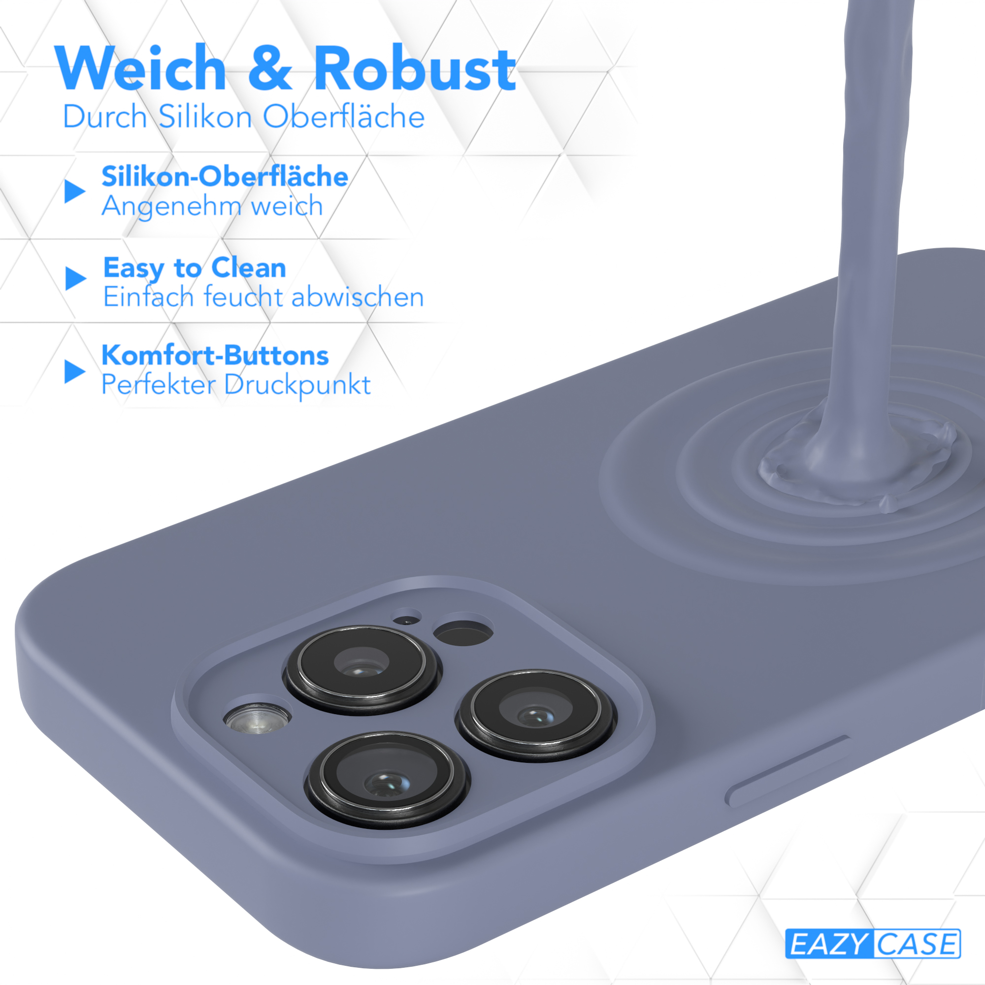Nahaufnahme einer blauen Handyhülle mit glatter, weicher Oberfläche.