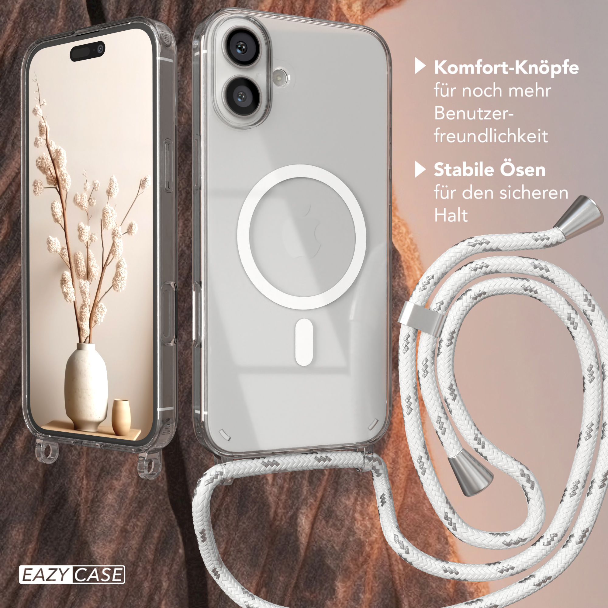 Telefonhülle mit Schlüsselband. Das Telefon ist sichtbar, die Hülle transparent. Das Schlüsselband ist weiß und grau.