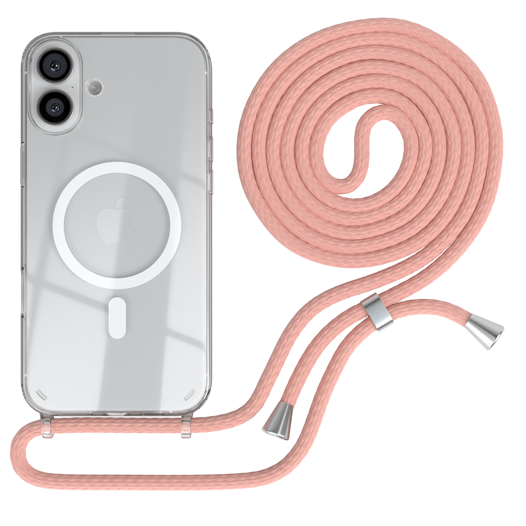 Transparente Handyhülle mit pinkfarbener Kordel. Die Hülle ist an einem Telefon.
