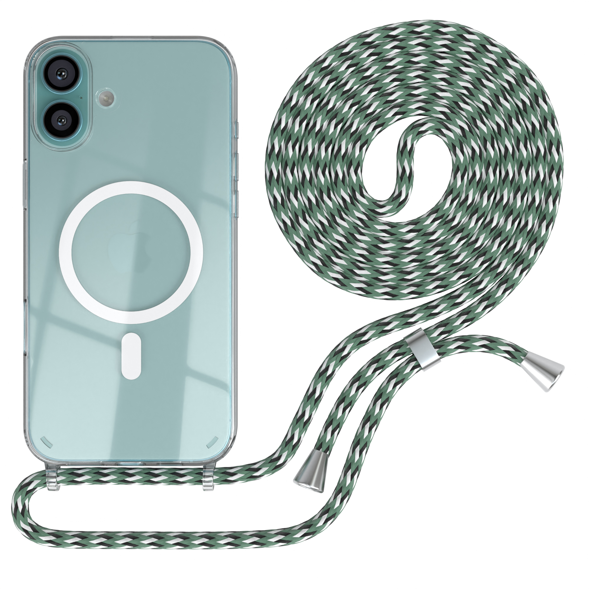 Transparente Handyhülle mit grün-weißem Lanyard. Das Telefon ist mintgrün. Der Hintergrund ist weiß.