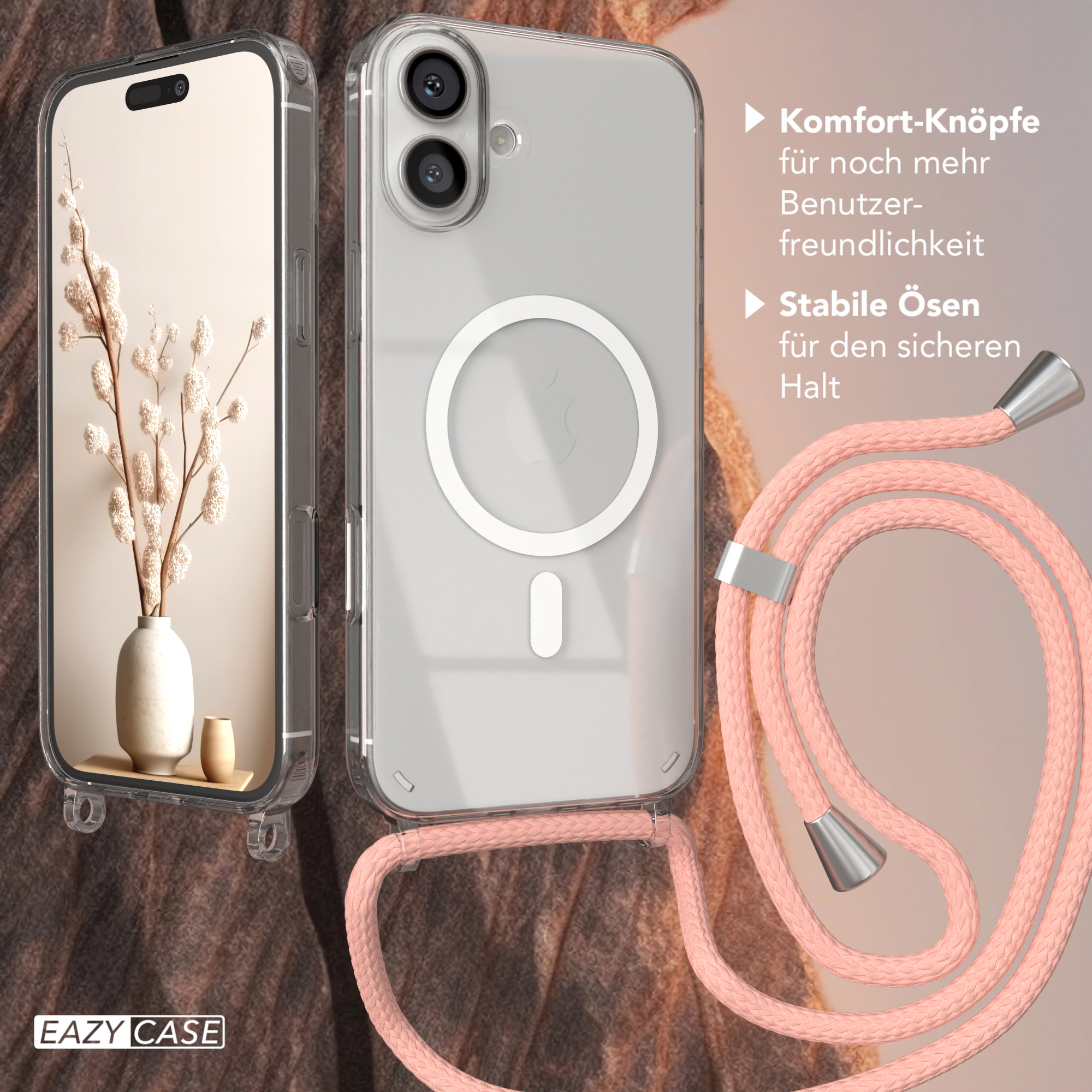 Transparente Handyhülle mit rosa Kordel. Telefon in der Hülle. Text rechts.
