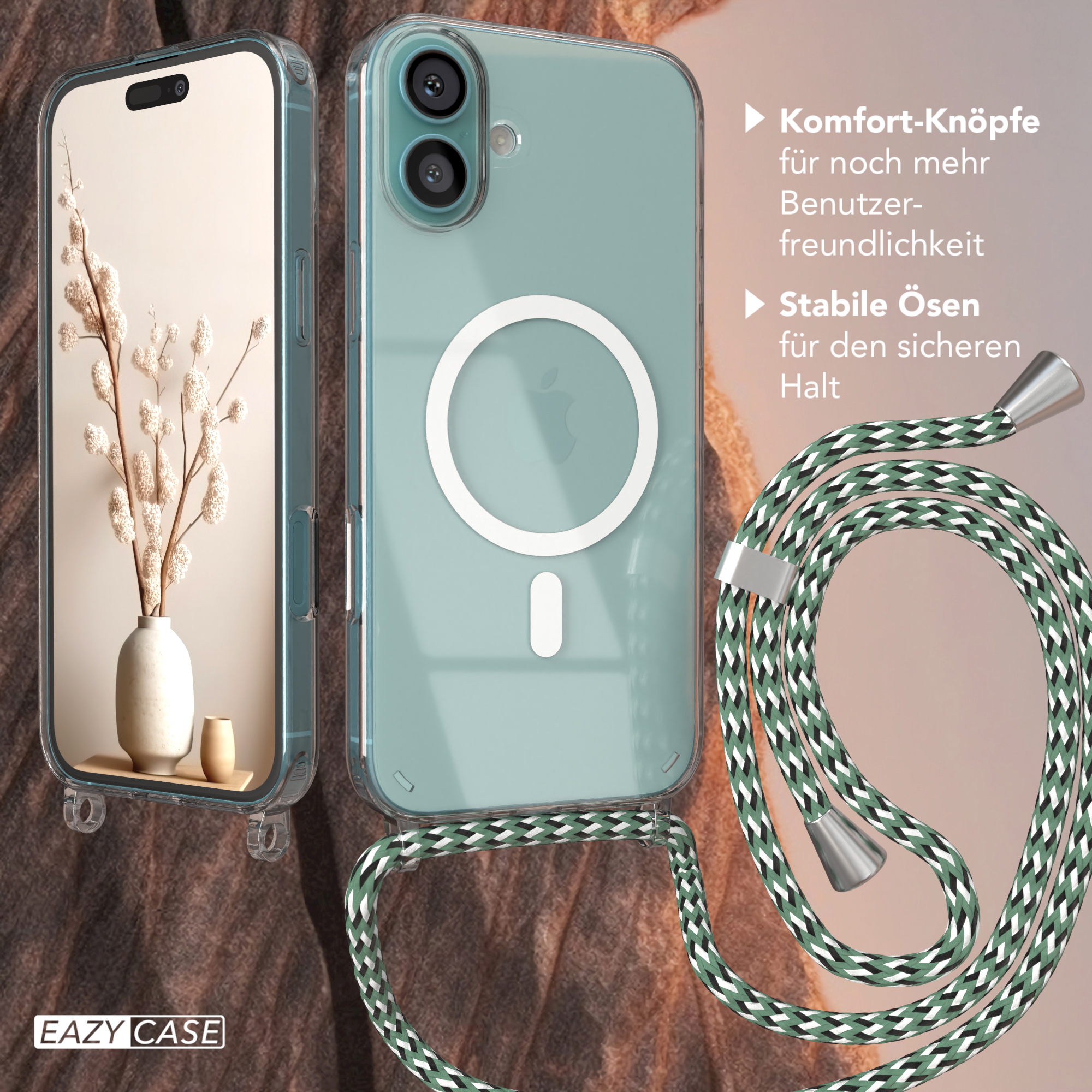 Zwei Telefone in transparenten Hüllen mit Riemen. Eines hat eine Vase mit Blumen. Die Hülle ist klar.