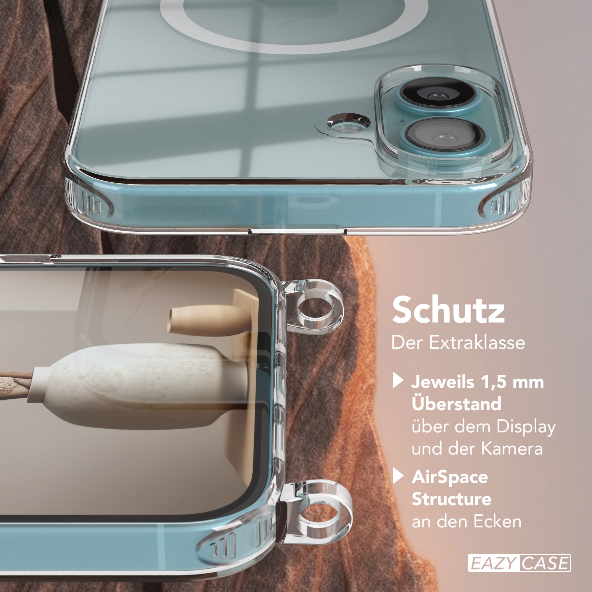 Eine transparente Handyhülle zeigt die Kamera und den Bildschirm des Telefons. Die Hülle hat Schutzfunktionen.