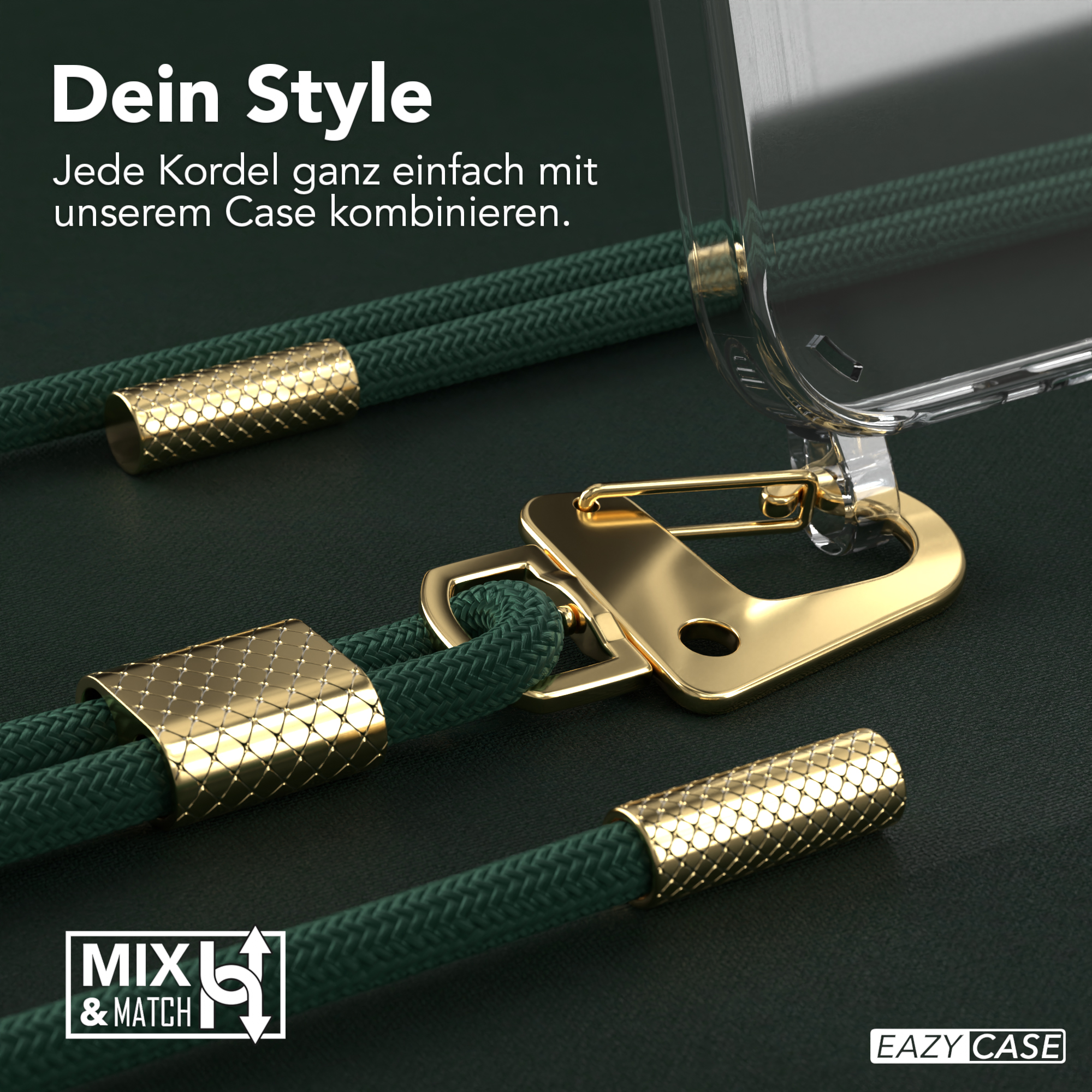 Grünes Telefonkabel mit goldenen Akzenten ist an einer transparenten Telefonhülle befestigt. Dunkelgrüner Hintergrund.
