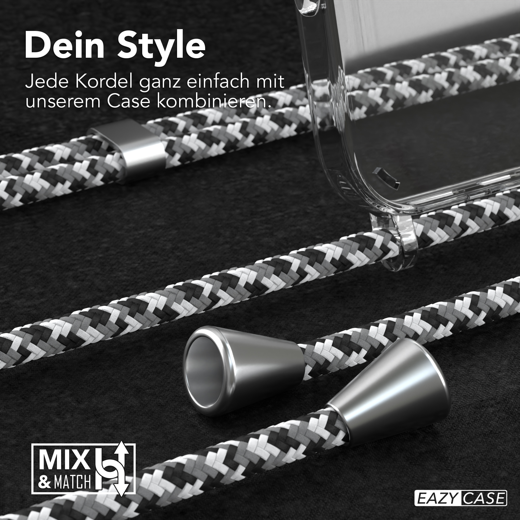 Nahaufnahme einer Handyhülle mit schwarz-weiß geflochtenem Kordel, Design-Details.