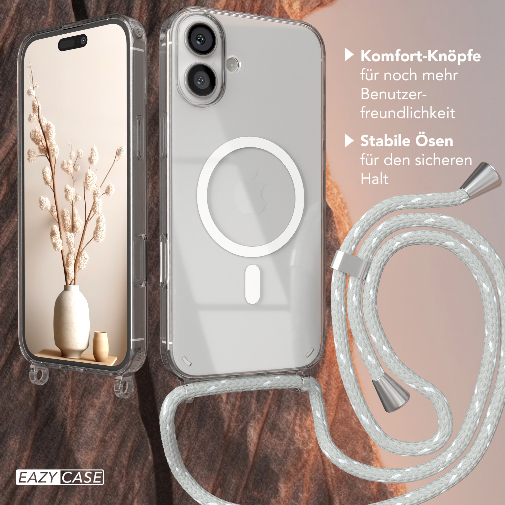 Handyhülle mit Telefon und weißem Kabel. Weißer Hintergrund.