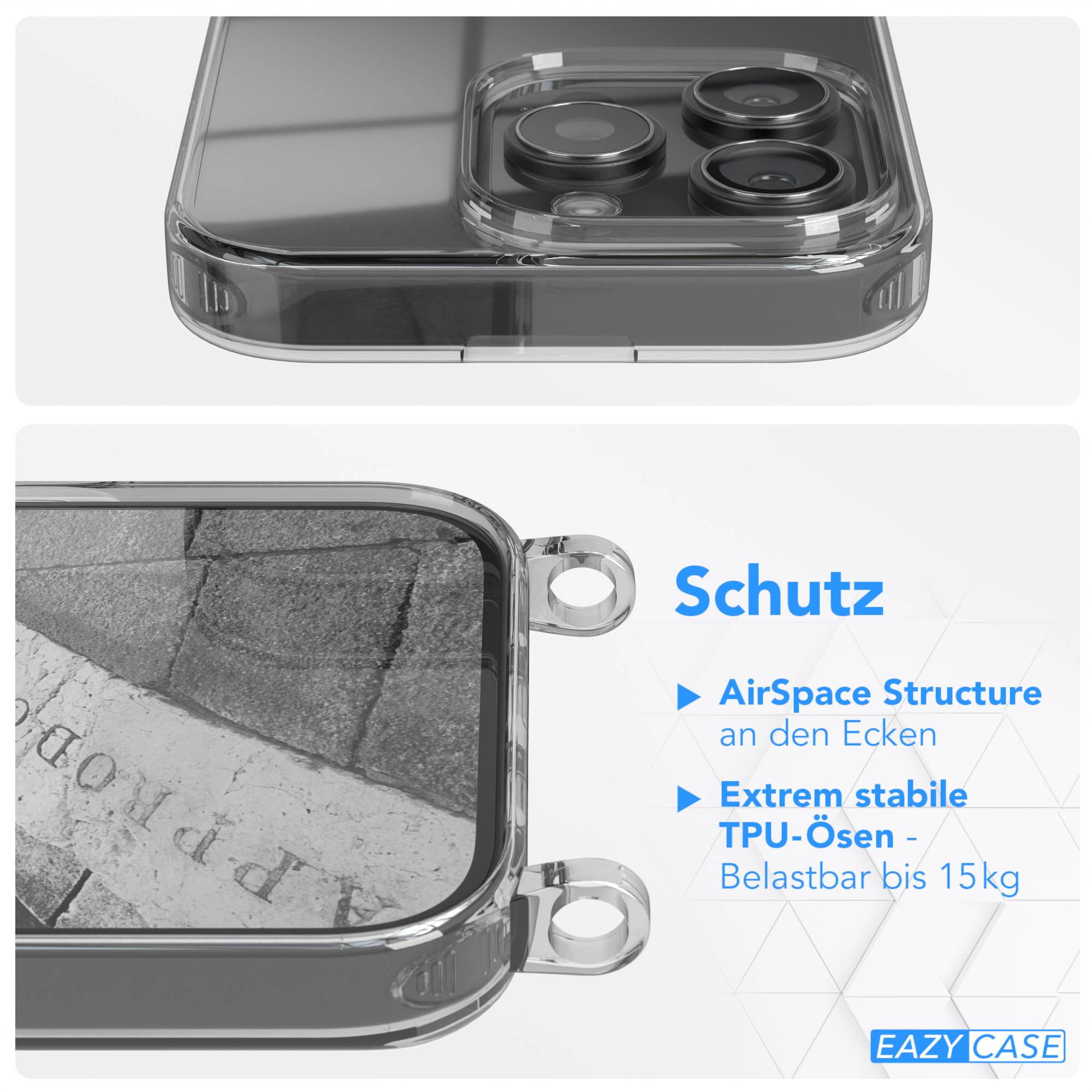 Zwei Bilder einer transparenten Handyhülle mit Text zu Schutz und Markenname.