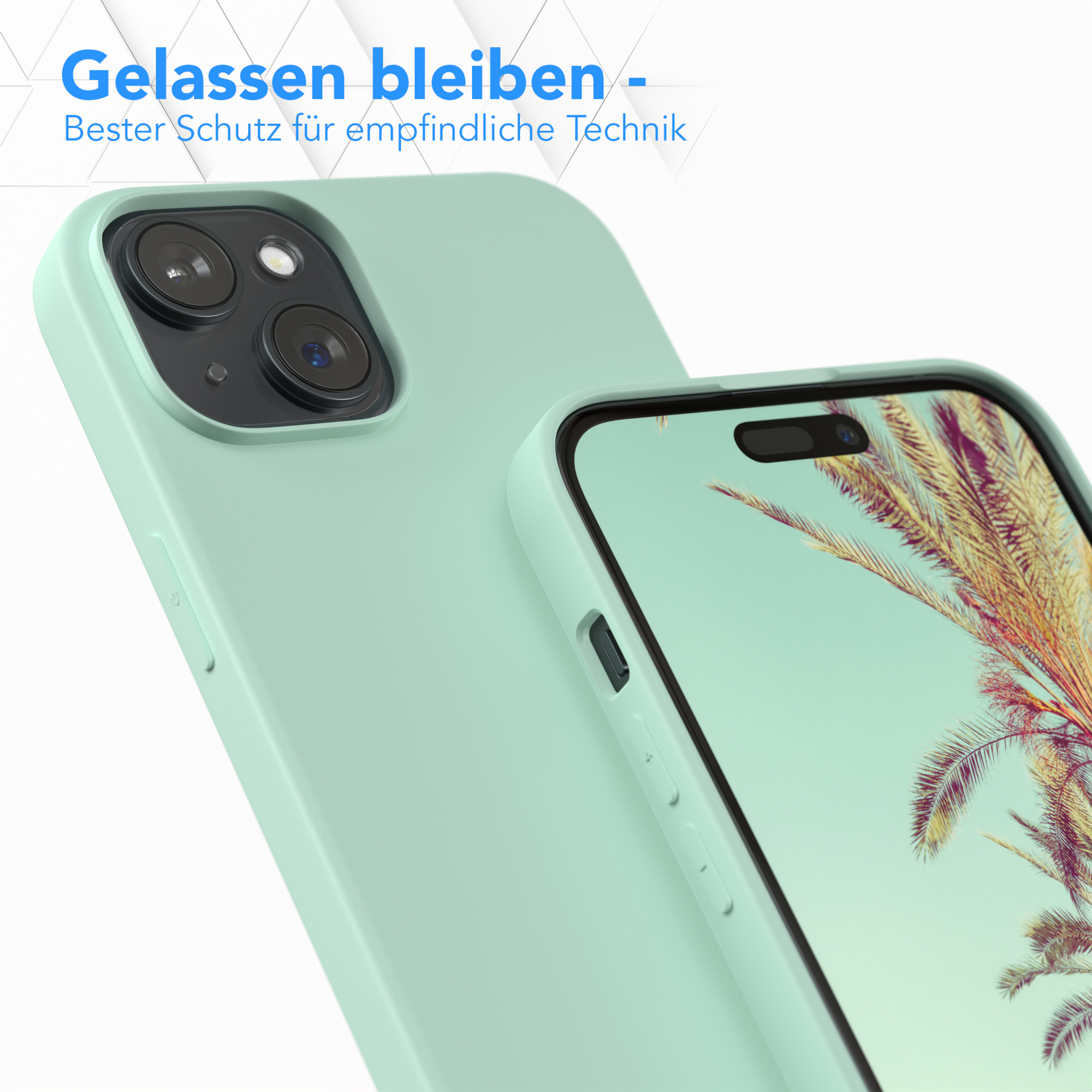 Zwei hellgrüne Handyhüllen, eine auf einem Handy. Text oben: Bester Schutz für empfindliche Technik.