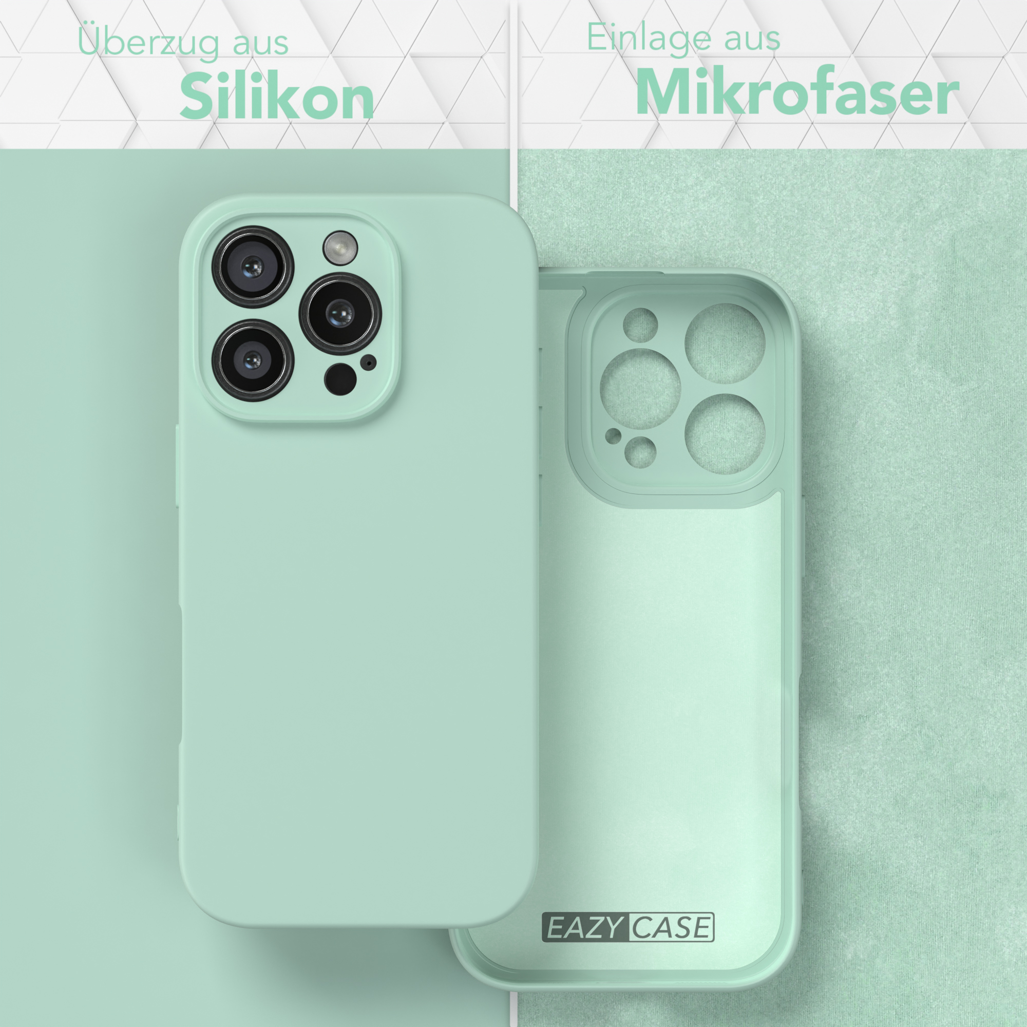 Zwei Handyhüllen, eine montiert, die andere demontiert. Beide mintgrün. Text links: Silikon, rechts: Mikrofaser.