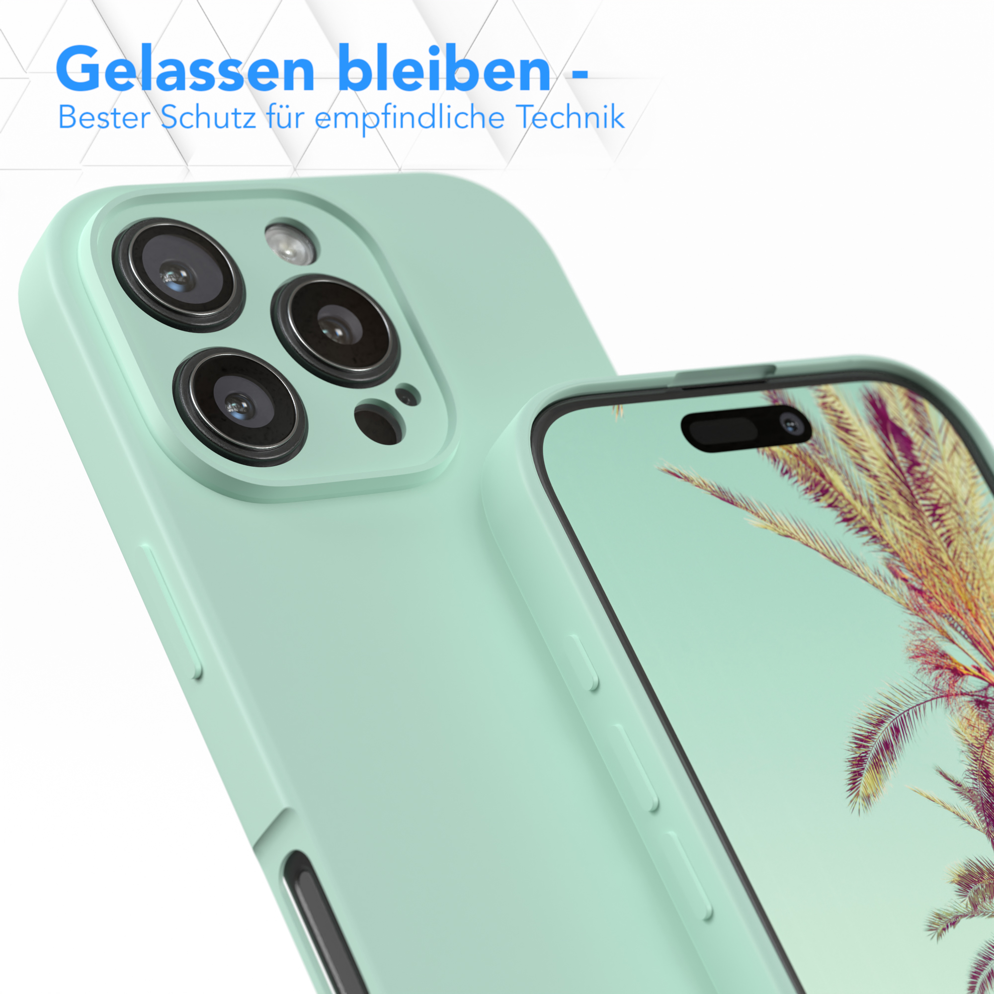 Eine Handyhülle wird gezeigt. Das Telefon ist grün und die Hülle hat 3 Kameras. Weicher Hintergrund einer Wand.