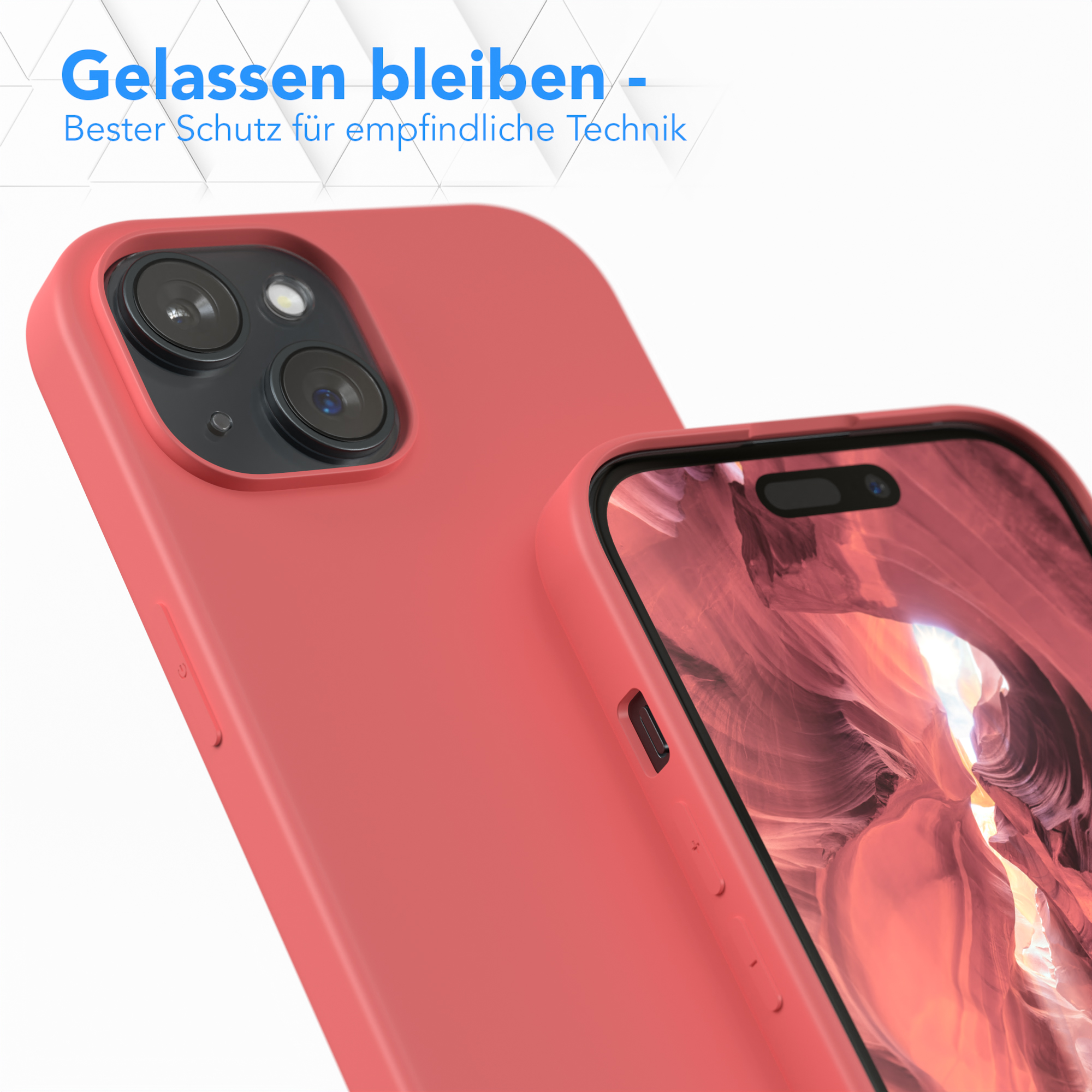 Rote Handyhülle mit Handy, neben einer weiteren roten Hülle. Text auf Deutsch über Schutz.