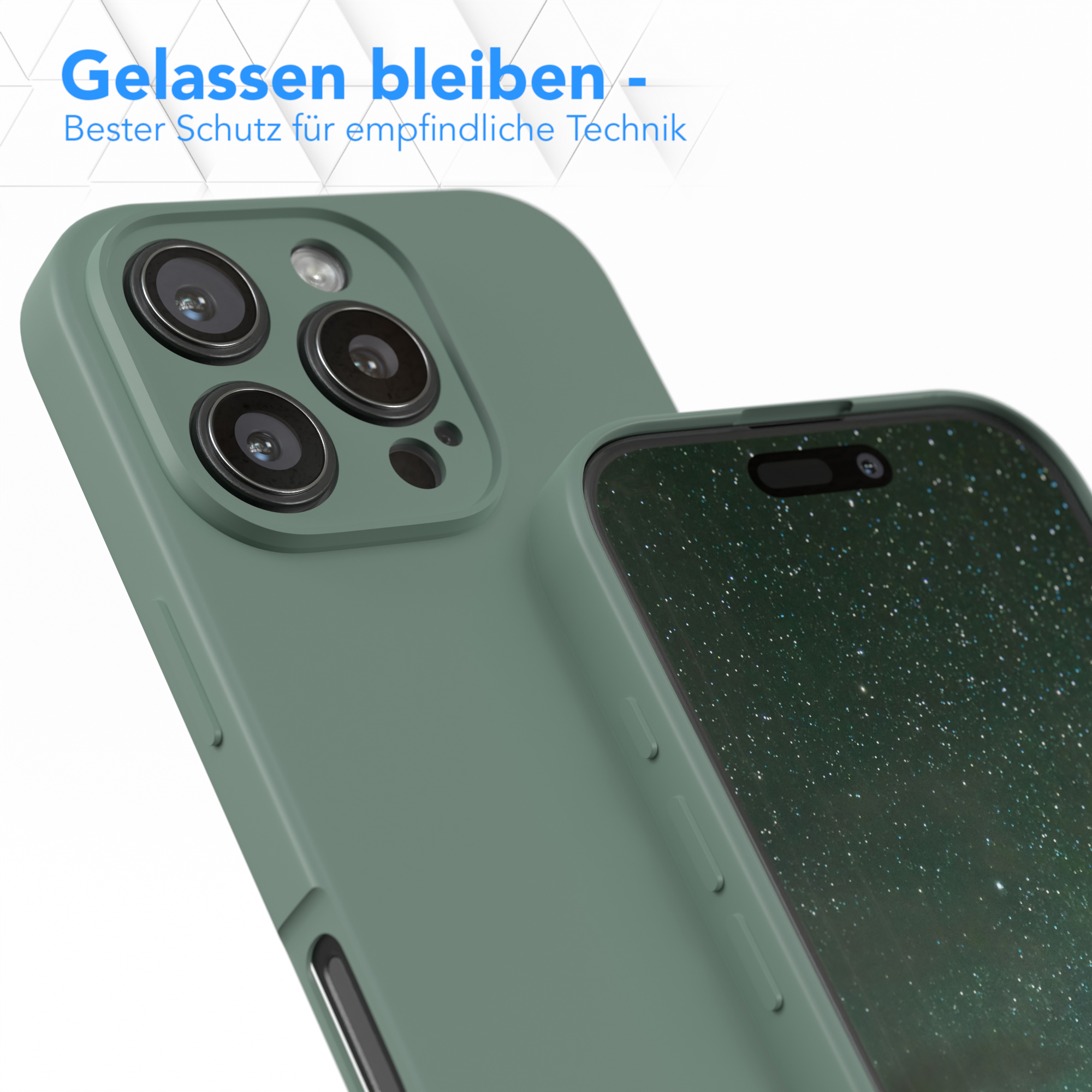 Nahaufnahme einer Handyhülle auf einem Telefon, mit Kameralinse und Blick auf den Bildschirm des Telefons.