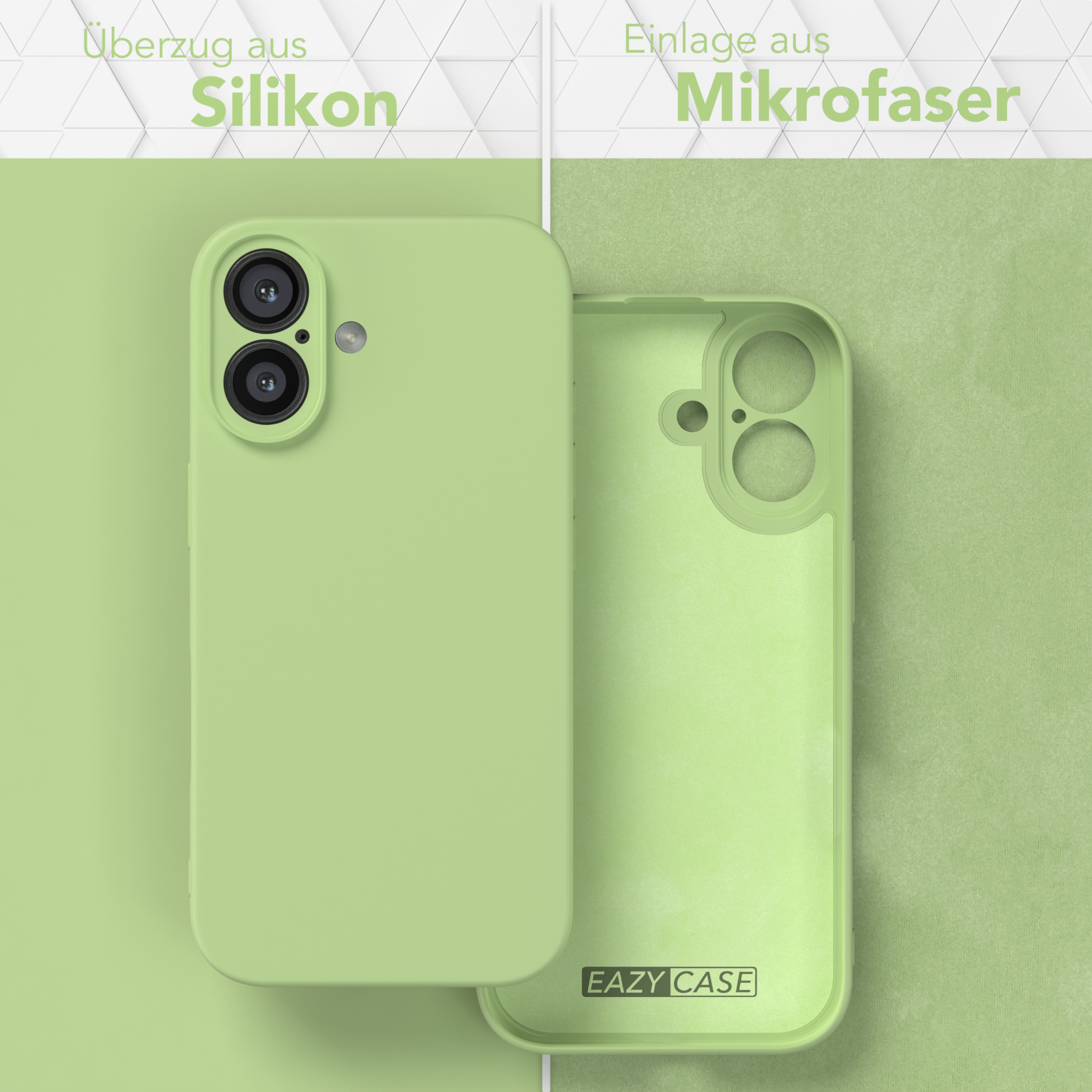 Zwei Handyhüllen, eine grüne und eine umgedrehte, die Silikon- und Mikrofaserteile zeigen.