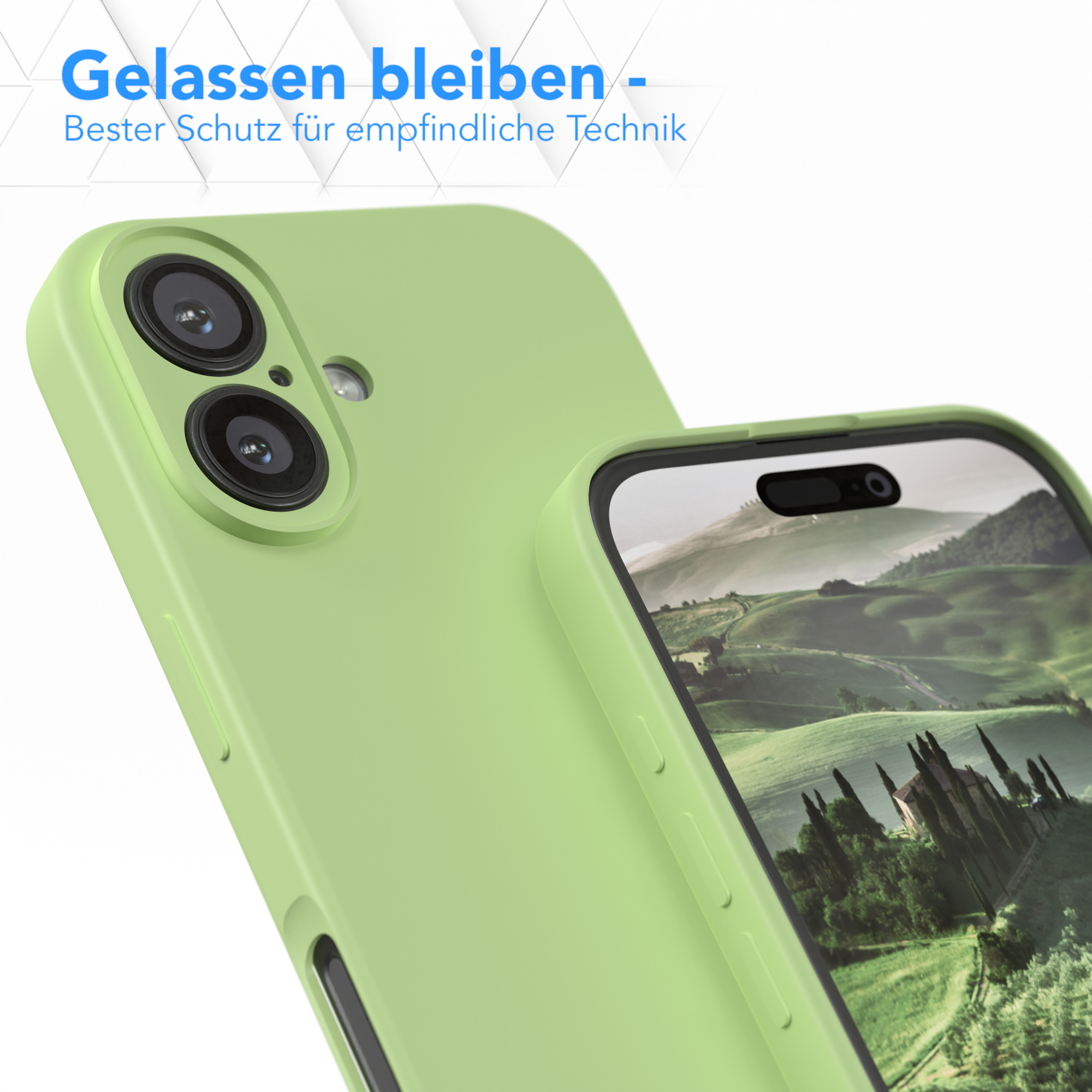 Grüne Handyhülle, die ein Telefon bedeckt. Der Bildschirm ist sichtbar.