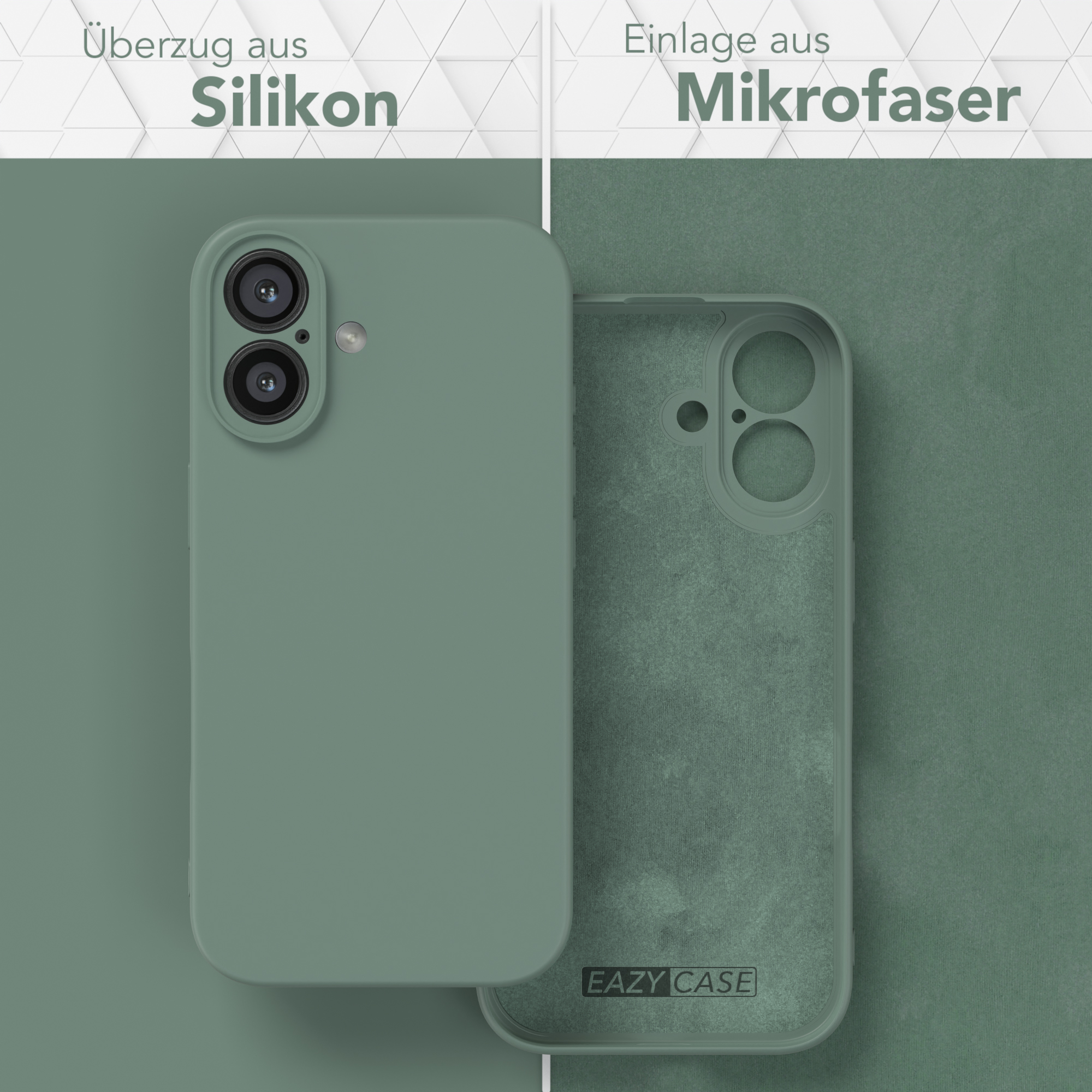 Zwei Handyhüllen; eine grüne Silikon, die andere grünes Mikrofaser. Beide für Telefone.