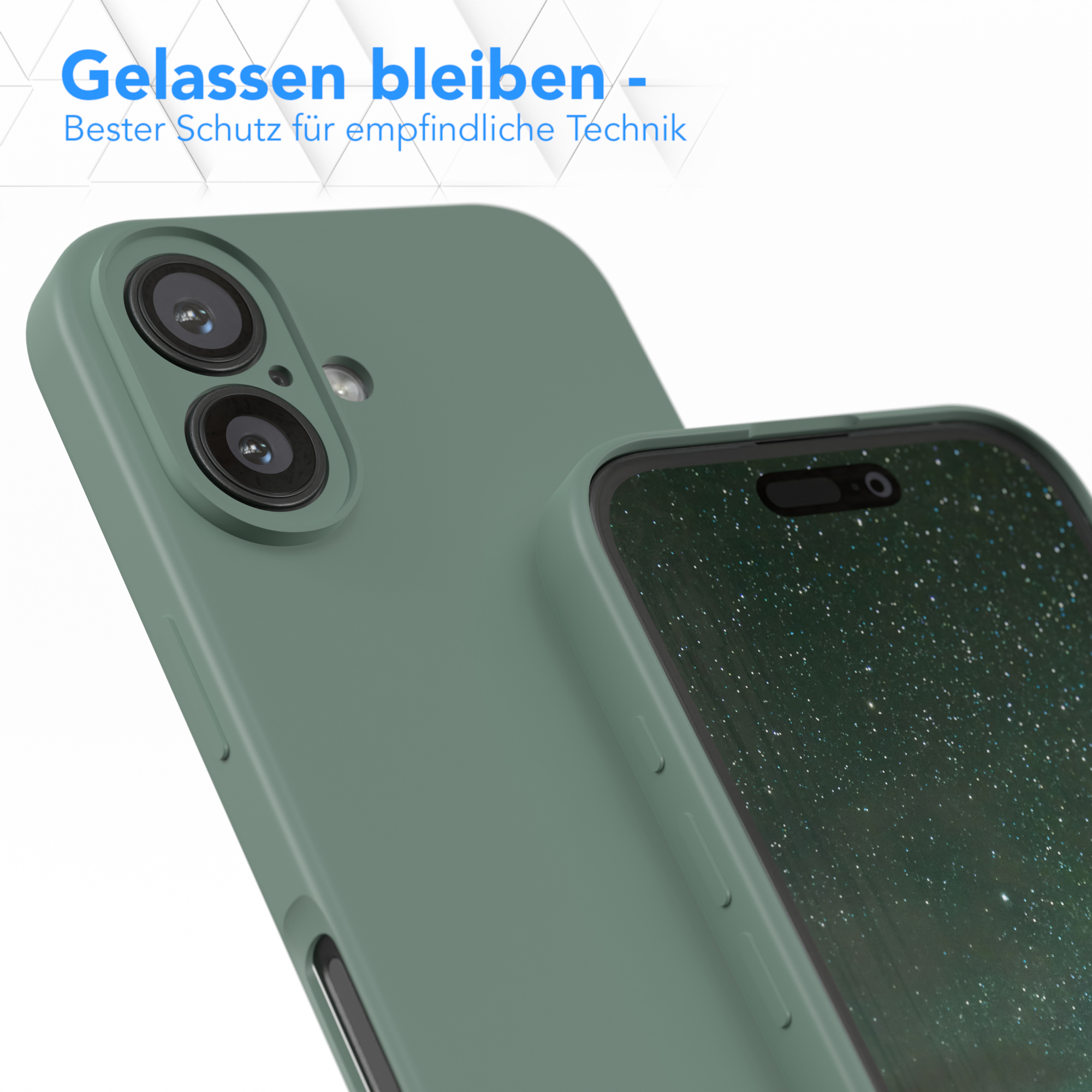 Grüne Handyhülle auf einem Telefon, weißer Hintergrund.
