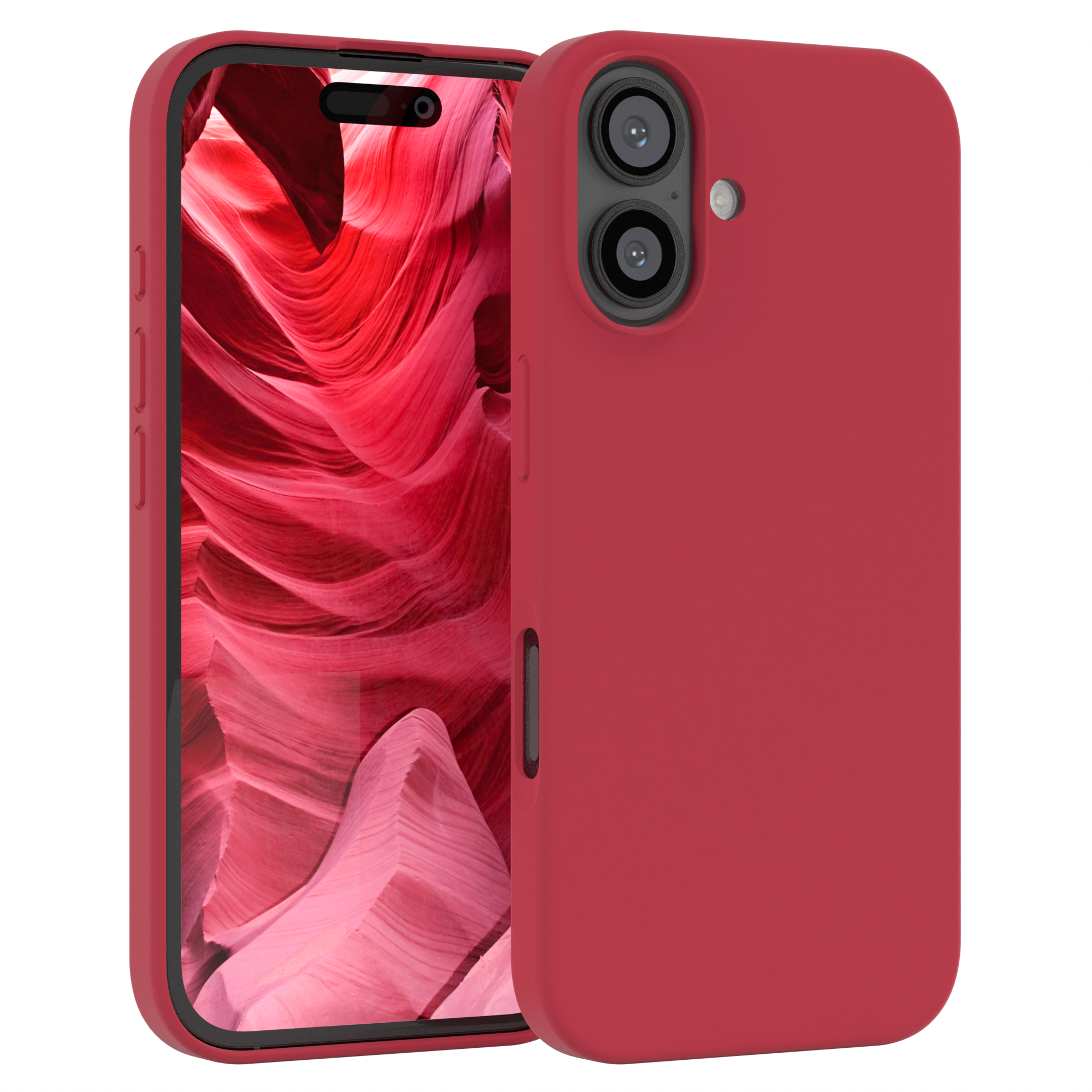 Rote Handyhülle auf einem Telefon. Der Bildschirm des Telefons ist sichtbar. Der Hintergrund ist weiß.
