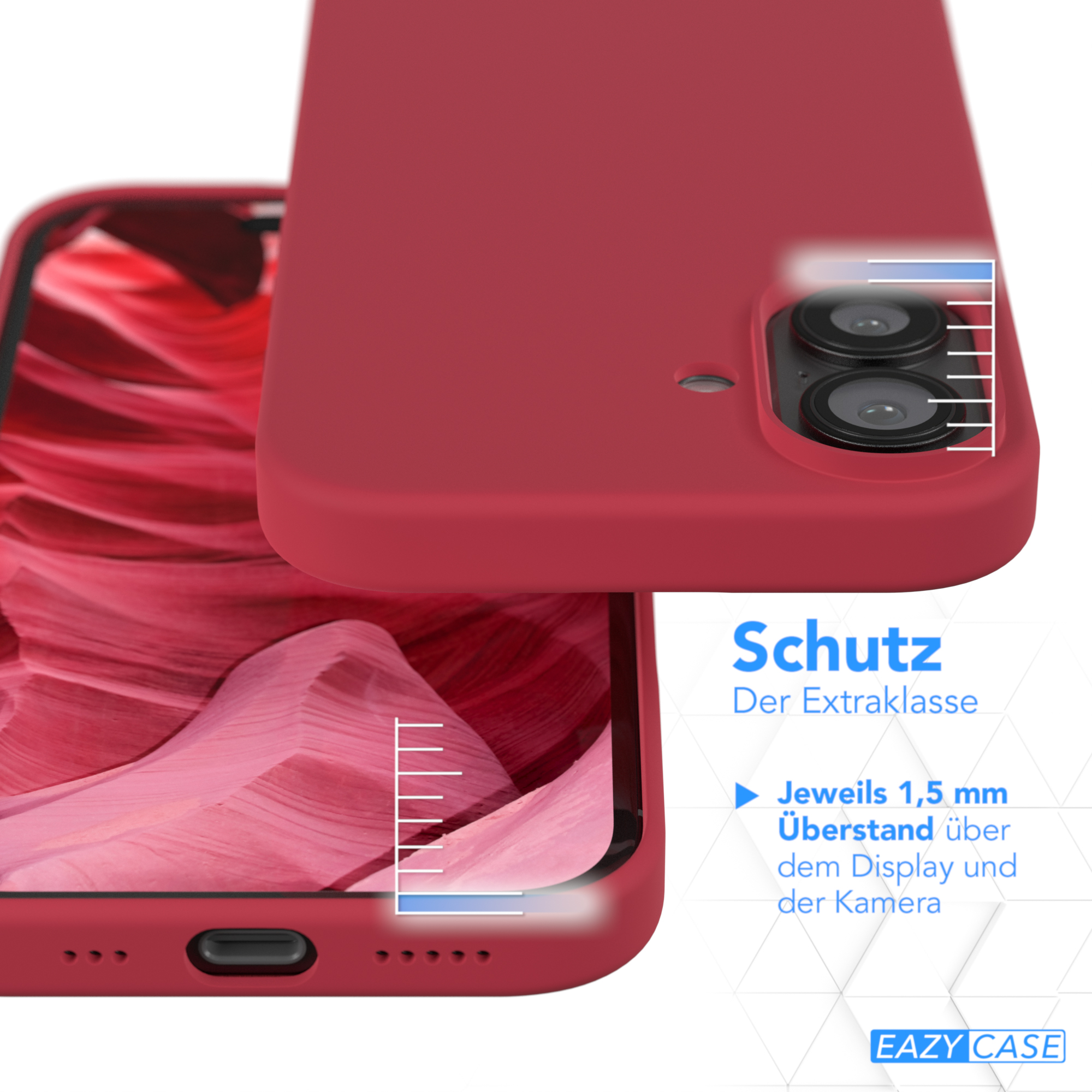 Nahaufnahme einer roten Handyhülle. Die Hülle liegt auf einem Telefon und zeigt die Kameraausschnitte.