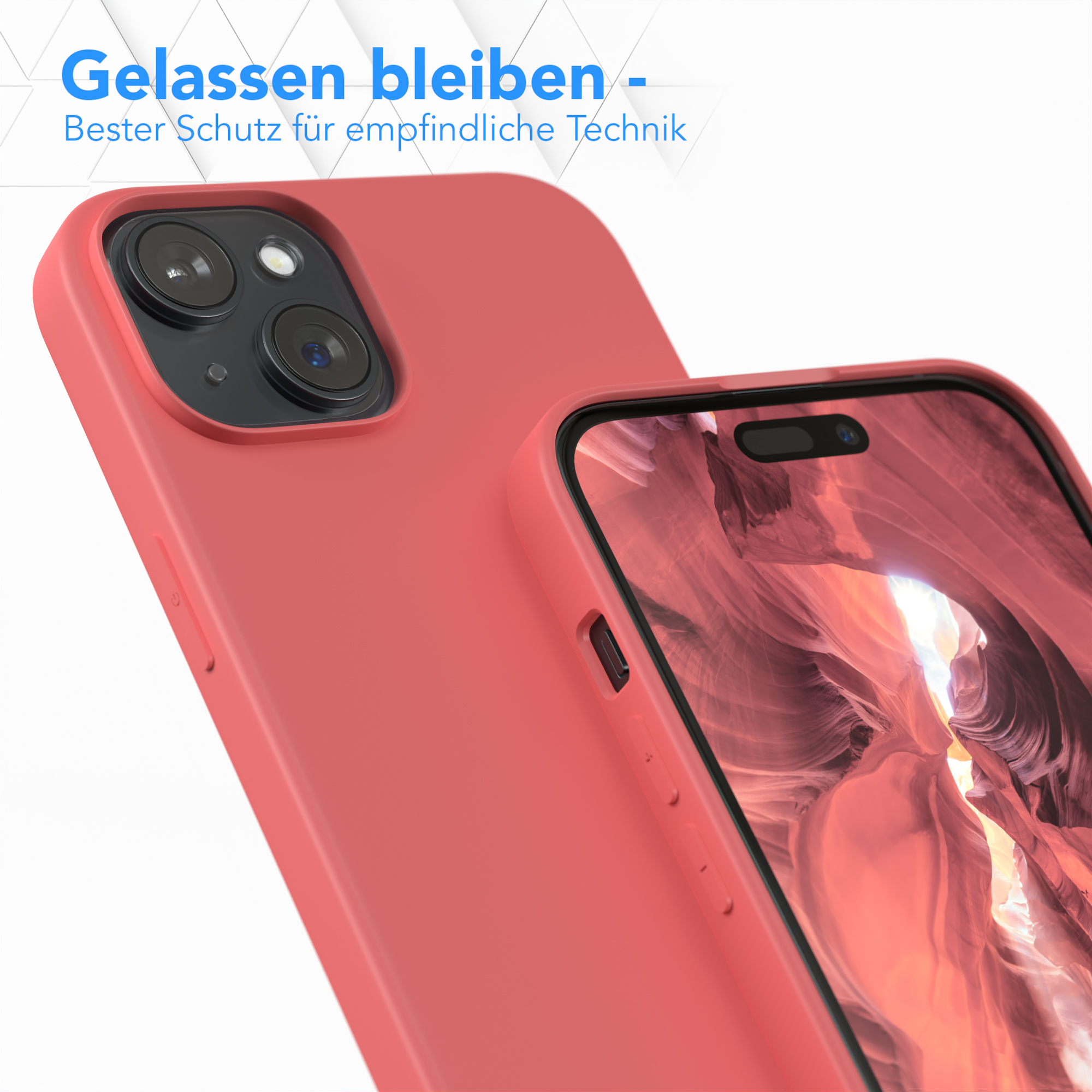 Rote Handyhülle. Zwei Telefone werden gezeigt. Eines ist in der Hülle, das andere zeigt die Rückseite.