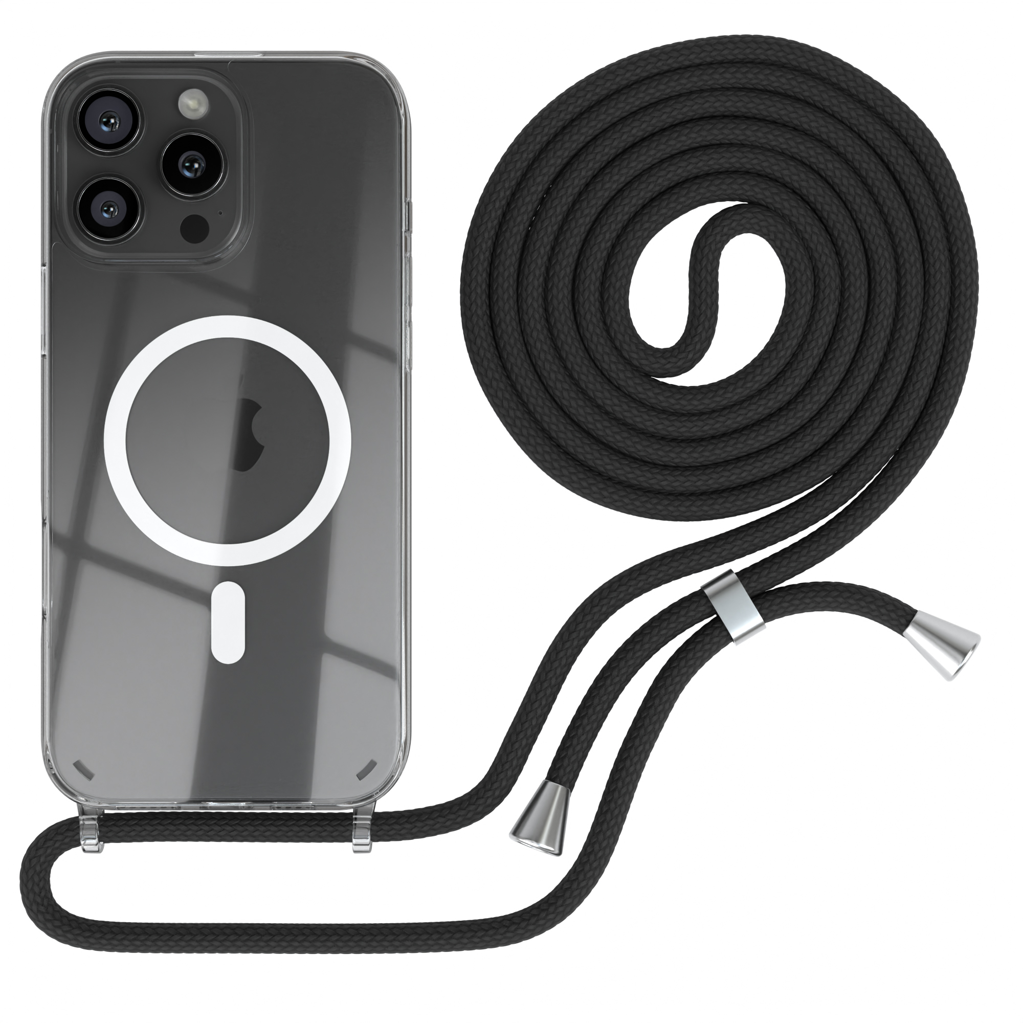 Eine transparente Handyhülle mit einem schwarzen Handyband.
