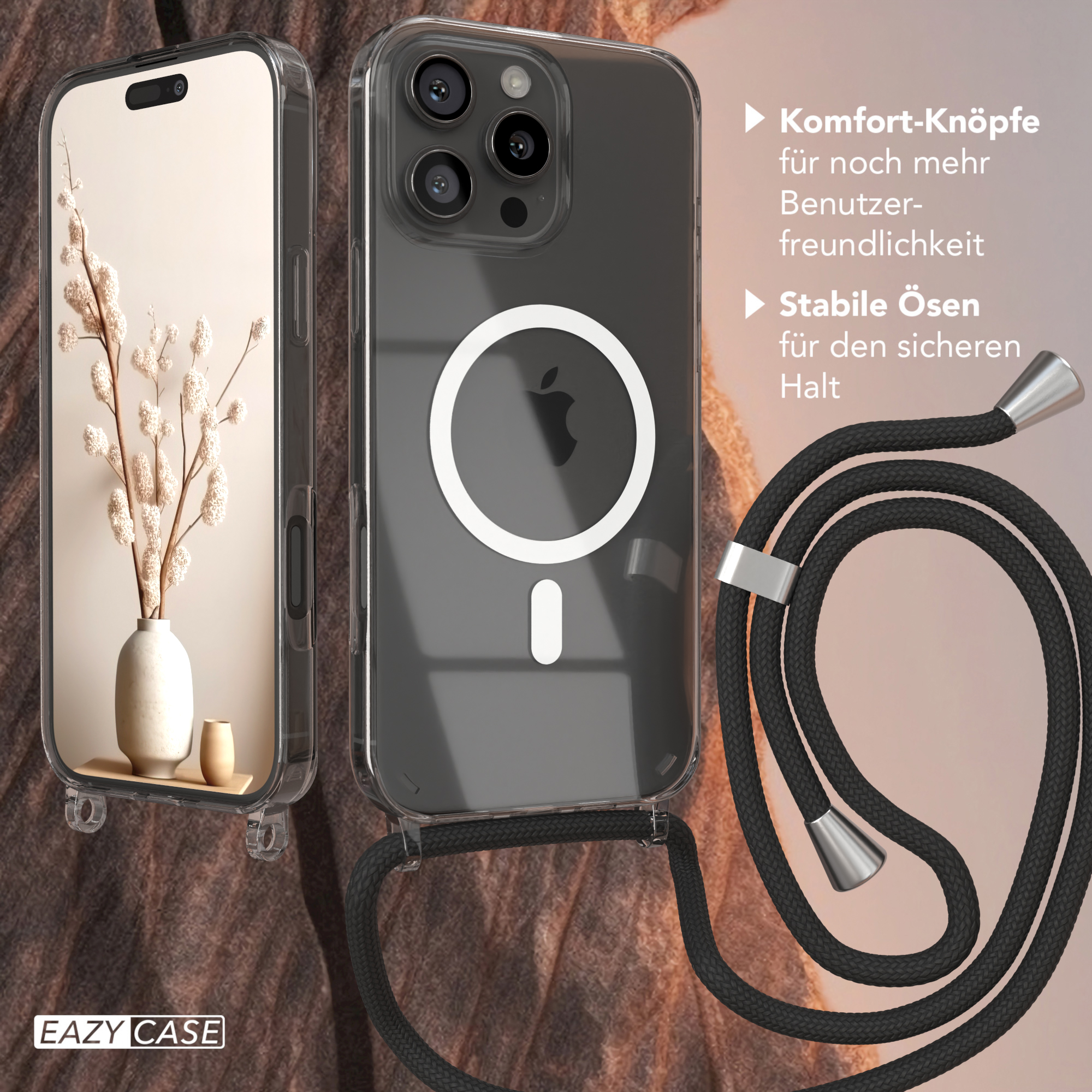 Klar Handyhülle, schwarzes Kabel. Gezeigtes Telefon mit Vase und Blumen. Eigenschaften: magnetisch, Knöpfe und sicherer Halt.