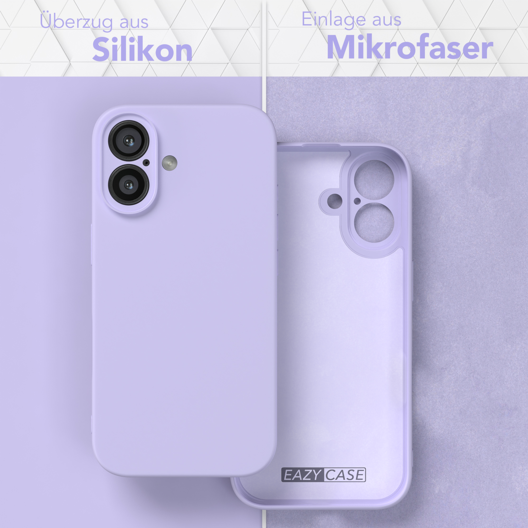 Lila Handyhülle mit Silikonaußenseite und Mikrofaser-Innenseite, mit Eazy Case Logo.