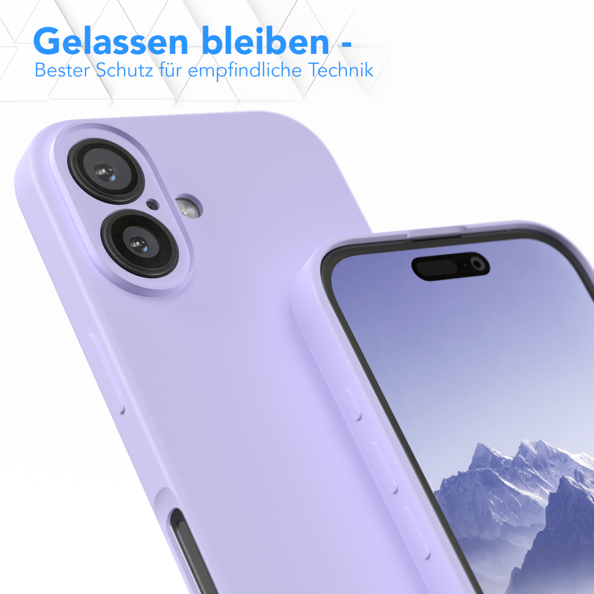 Nahaufnahme einer lila Handyhülle. Kamera und Bildschirm sind geschützt. Der Hintergrund ist unscharf.