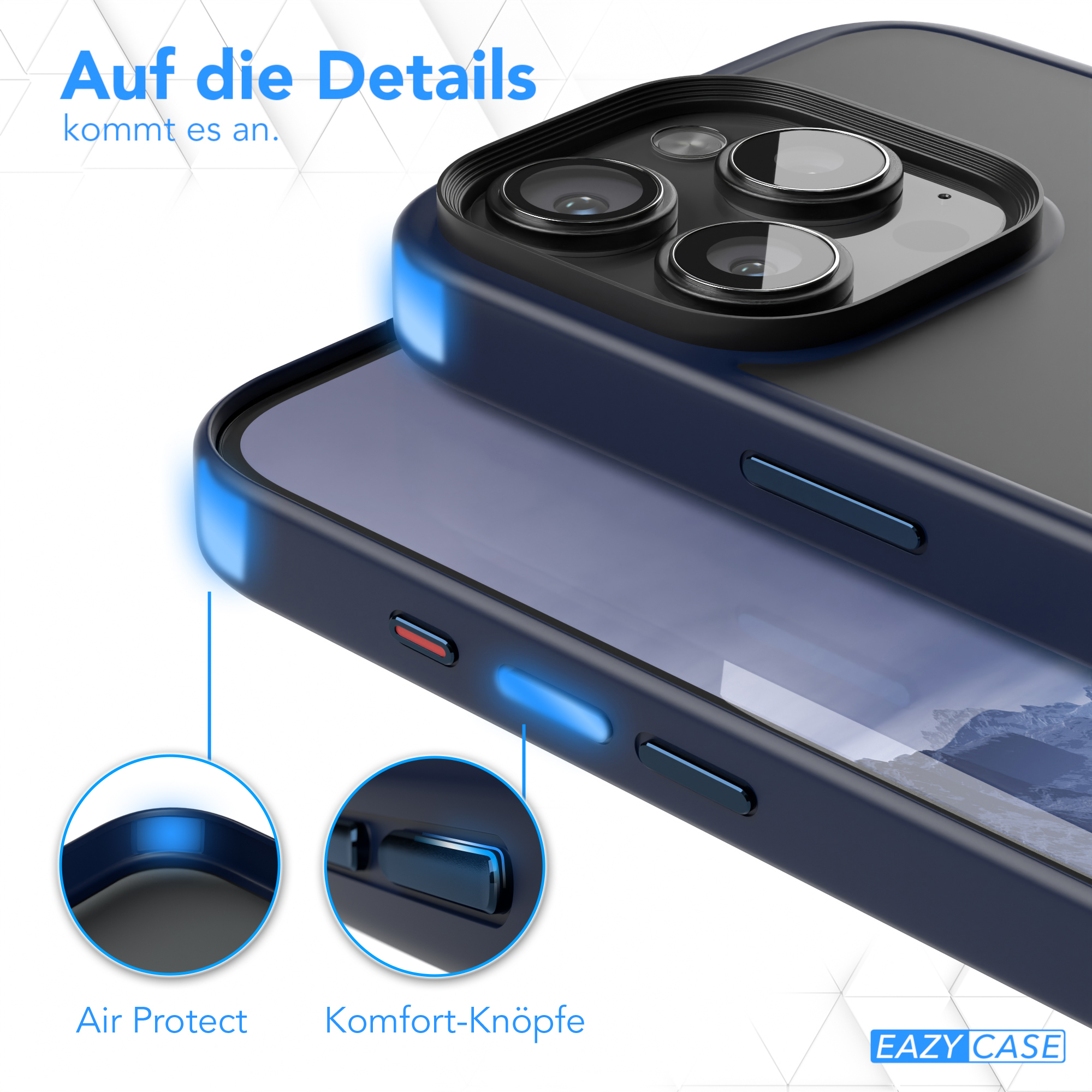 Blaue Handyhülle mit Telefon. Details heben Air Protect und Komforttasten hervor.