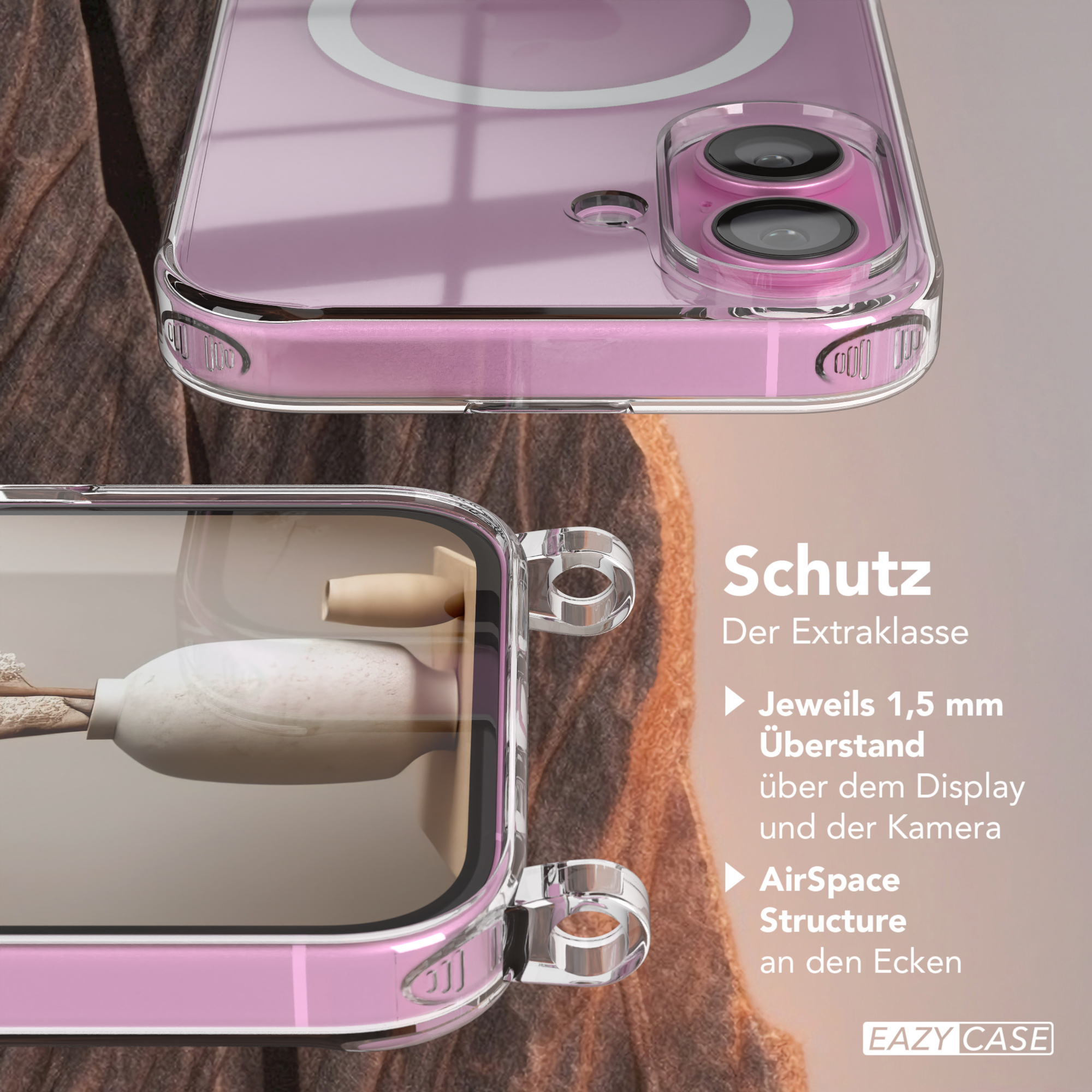 Nahaufnahme einer Handyhülle mit rosa Akzenten. Textdetails: Kantenschutz und Airspace-Struktur.