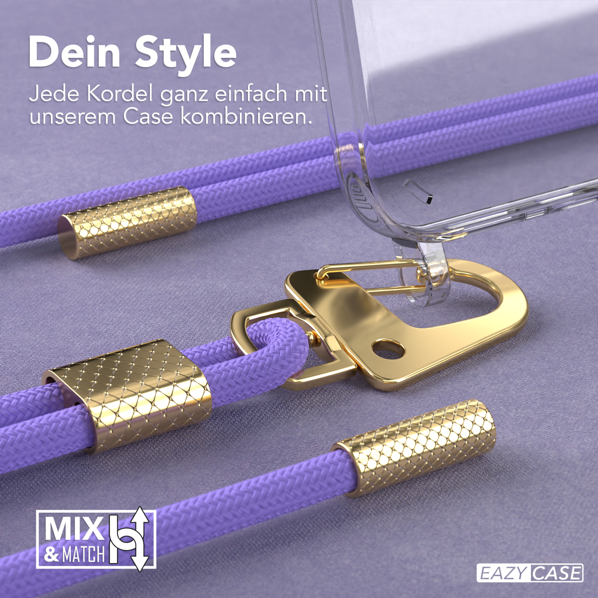 Nahaufnahme der Handyhülle, lila Kordel mit goldenem Haken. Weißer Hintergrund.
