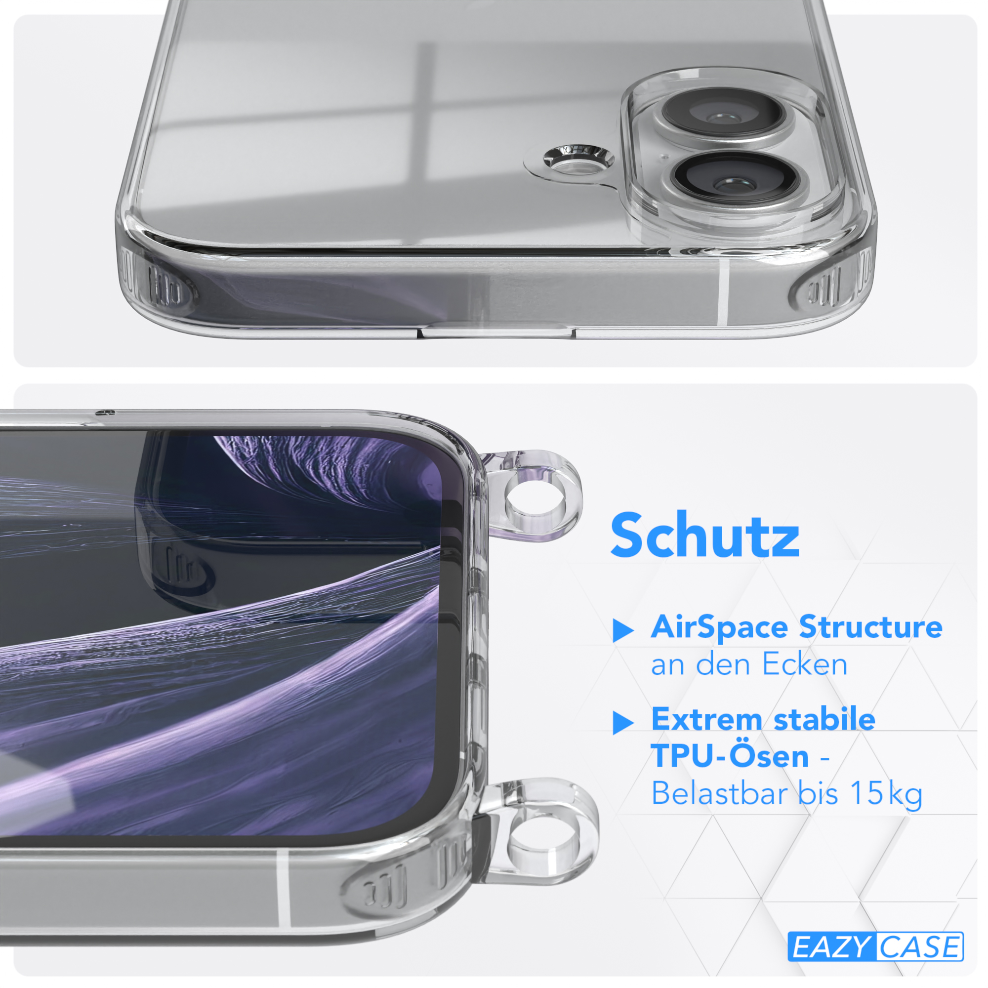 Klare Handyhülle mit Telefon. Transparente Kunststoffhülle mit Öffnungen für Tasten.